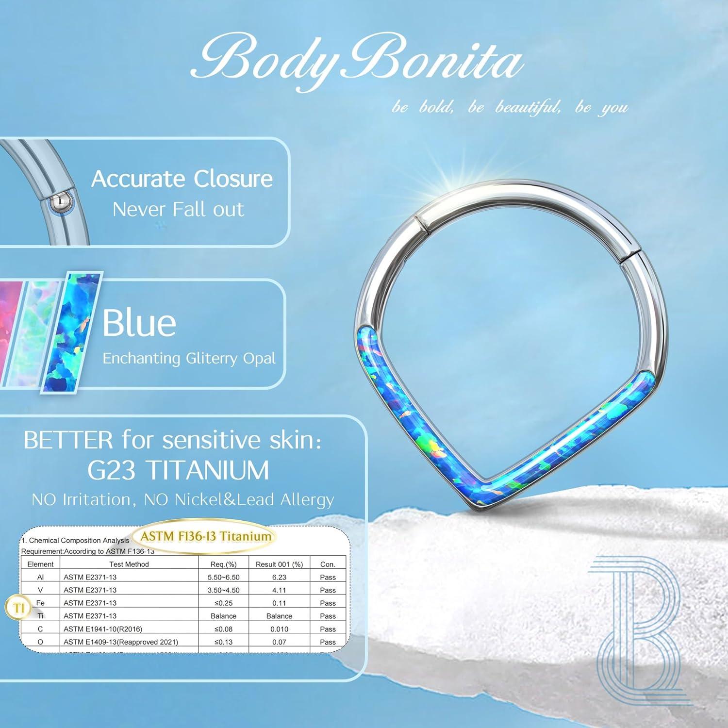 imageBodyBonita 16G Opal Teardrop Septum Rings G23 Titanium Hinged Nose Rings Hoops Septum Clicker Jewelry Conch Daith Helix Piercing Cartilage Earring for Women Men PinkBlueWhite Opal 8mm 10mmBlue Opal 16g Silver