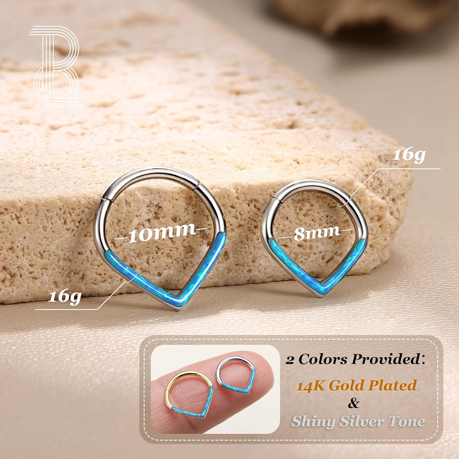 imageBodyBonita 16G Opal Teardrop Septum Rings G23 Titanium Hinged Nose Rings Hoops Septum Clicker Jewelry Conch Daith Helix Piercing Cartilage Earring for Women Men PinkBlueWhite Opal 8mm 10mmBlue Opal 16g Silver