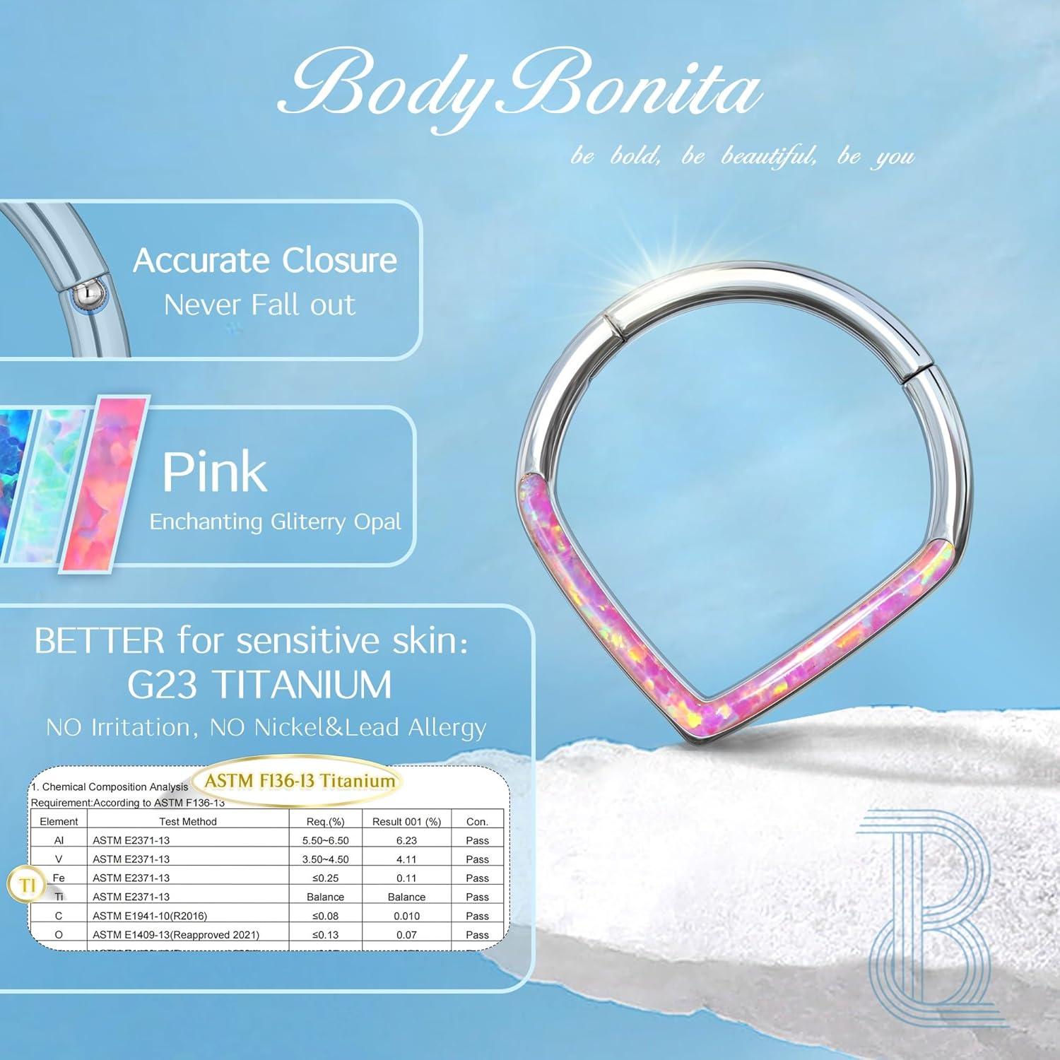 imageBodyBonita 16G Opal Teardrop Septum Rings G23 Titanium Hinged Nose Rings Hoops Septum Clicker Jewelry Conch Daith Helix Piercing Cartilage Earring for Women Men PinkBlueWhite Opal 8mm 10mmPink Opal 16g Silver