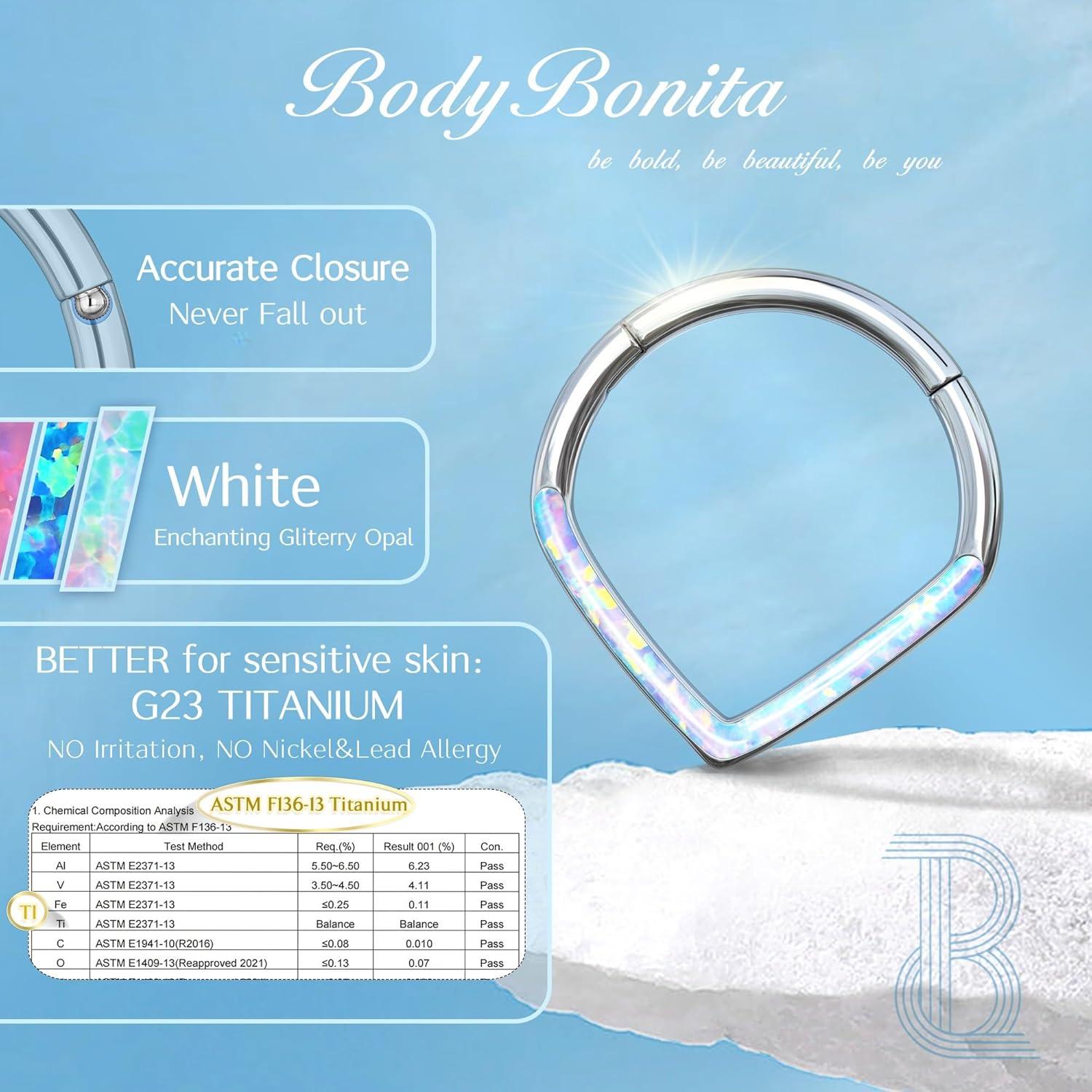 imageBodyBonita 16G Opal Teardrop Septum Rings G23 Titanium Hinged Nose Rings Hoops Septum Clicker Jewelry Conch Daith Helix Piercing Cartilage Earring for Women Men PinkBlueWhite Opal 8mm 10mmWhite Opal 16g Silver