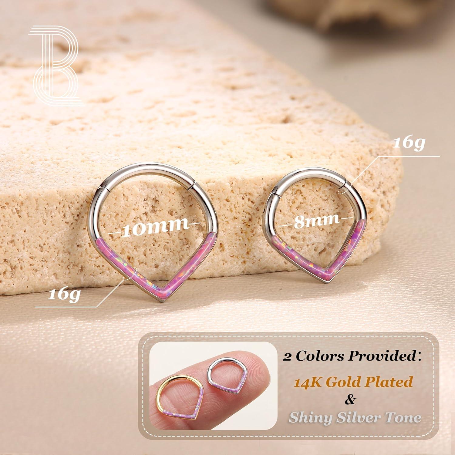 imageBodyBonita 16G Opal Teardrop Septum Rings G23 Titanium Hinged Nose Rings Hoops Septum Clicker Jewelry Conch Daith Helix Piercing Cartilage Earring for Women Men PinkBlueWhite Opal 8mm 10mmPink Opal 16g Silver