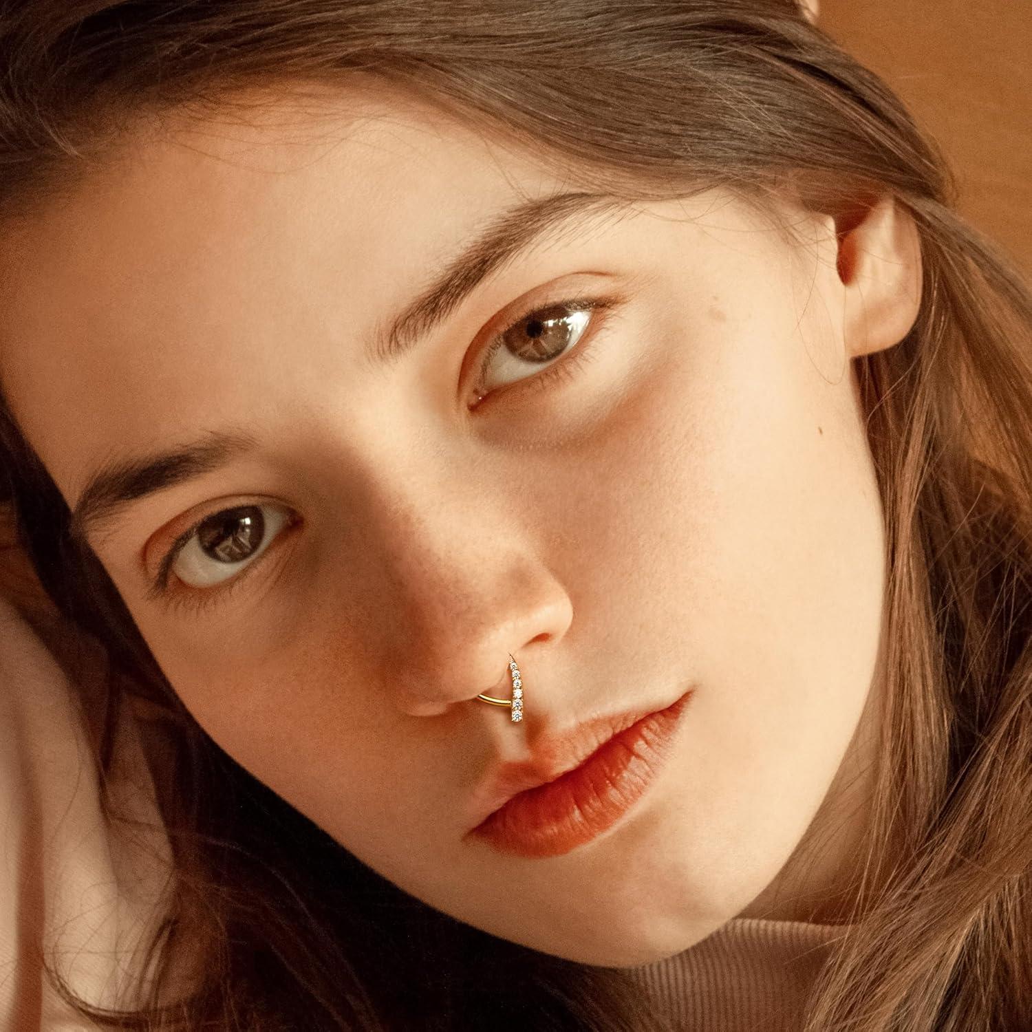 imageBodyBonita 16G Septum Ring 316L Surgical Steel Teardrop Nose Rings Hoops Clear CZ Nose Piercings Daith Piercing Jewelry Tragus Helix Rook Cartilage Earrings for Women 8mmGoldCollar