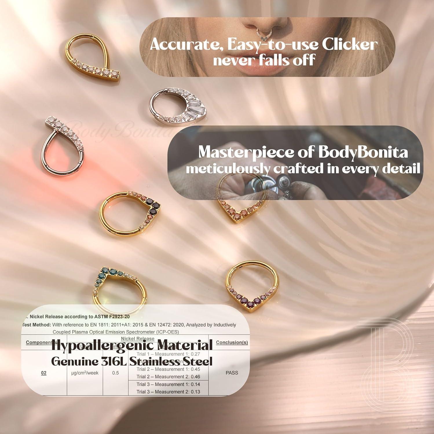 imageBodyBonita 16G Septum Ring 316L Surgical Steel Teardrop Nose Rings Hoops Clear CZ Nose Piercings Daith Piercing Jewelry Tragus Helix Rook Cartilage Earrings for Women 8mmGoldCollar