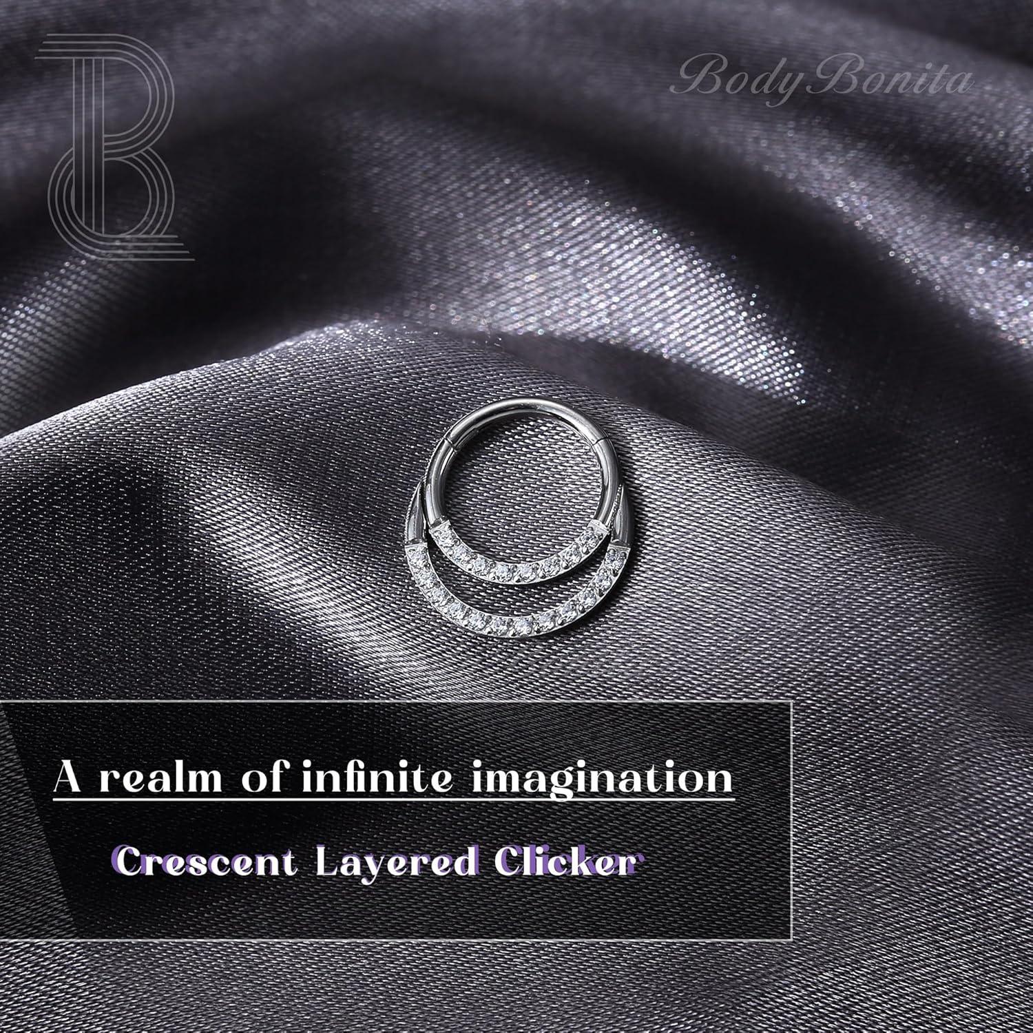 imageBodyBonita 16G Septum Rings Clicker 316L Stainless Steel Septum Nose Rings for Women Daith Earrings for Women Septum Jewelry Conch Daith Piercing Jewelry 14k Gold PlatedSilver 8mm 10mmRadiant Crescent LayeredSilver