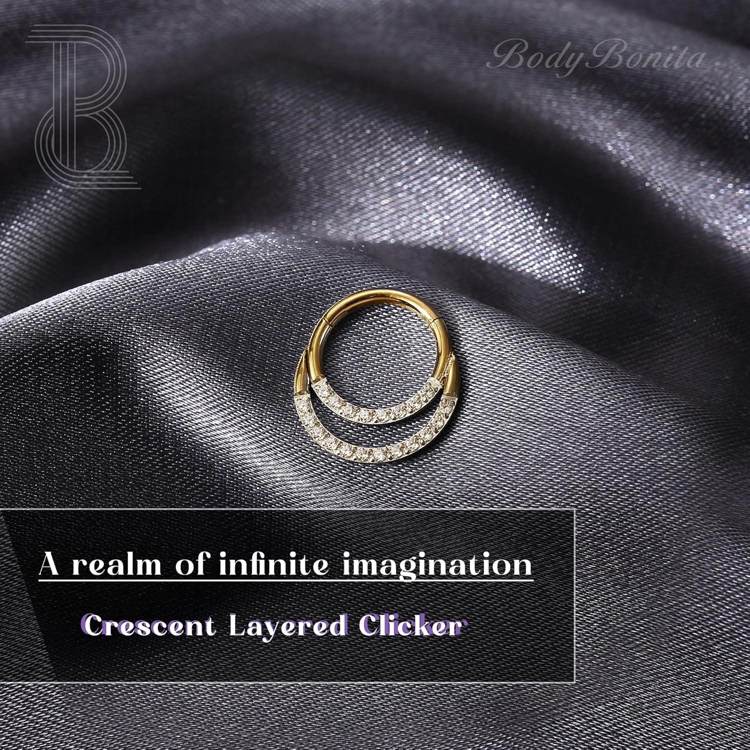 imageBodyBonita 16G Septum Rings Clicker 316L Stainless Steel Septum Nose Rings for Women Daith Earrings for Women Septum Jewelry Conch Daith Piercing Jewelry 14k Gold PlatedSilver 8mm 10mmRadiant Crescent LayeredSilver