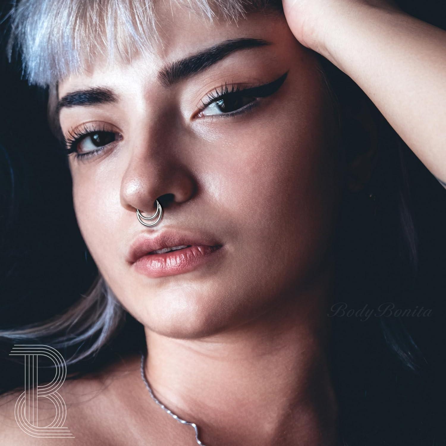 imageBodyBonita 16G Septum Rings Clicker 316L Stainless Steel Septum Nose Rings for Women Daith Earrings for Women Septum Jewelry Conch Daith Piercing Jewelry 14k Gold PlatedSilver 8mm 10mmCrescent LayeredGoldSilver18G