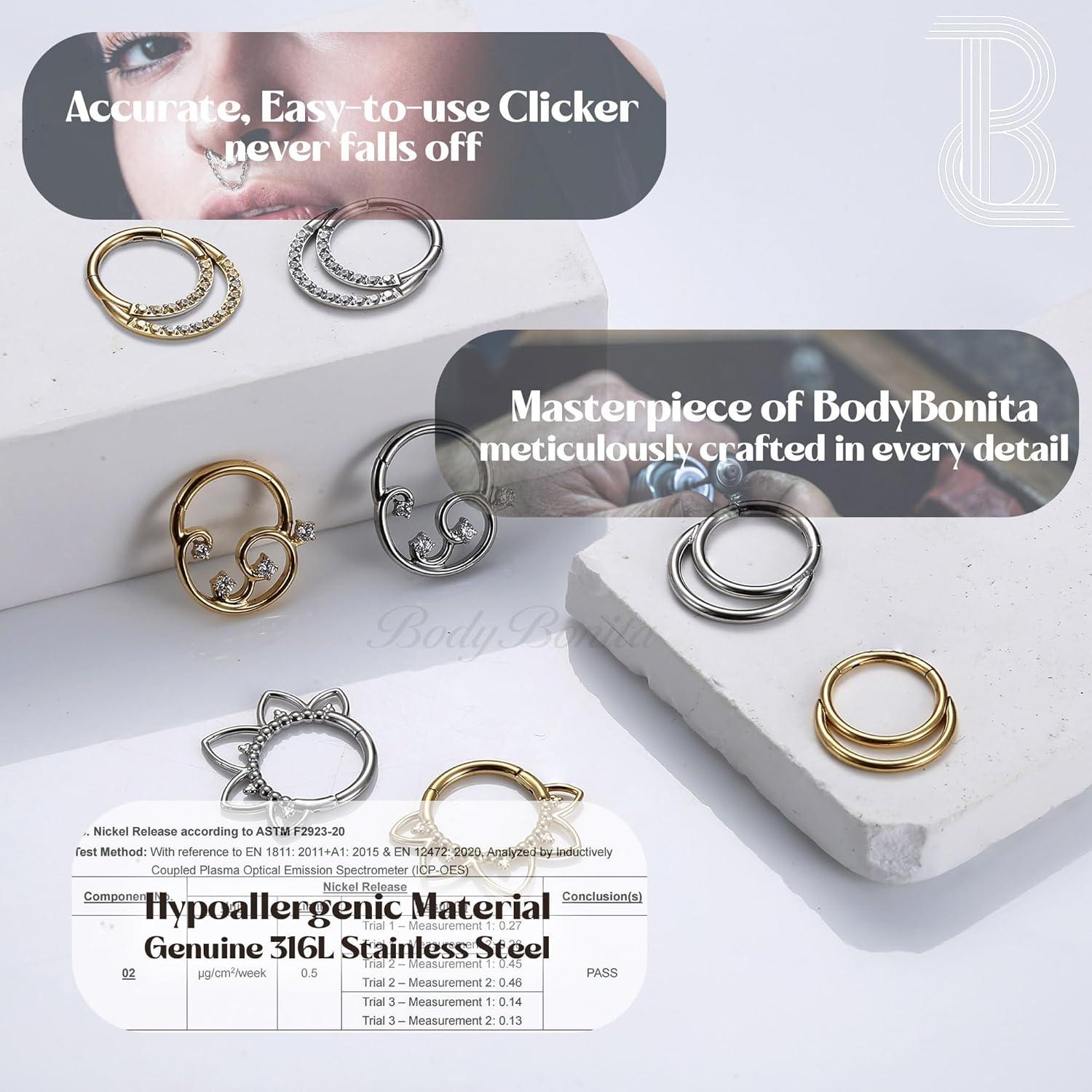 imageBodyBonita 16G Septum Rings Clicker 316L Stainless Steel Septum Nose Rings for Women Daith Earrings for Women Septum Jewelry Conch Daith Piercing Jewelry 14k Gold PlatedSilver 8mm 10mmCrescent LayeredGoldSilver