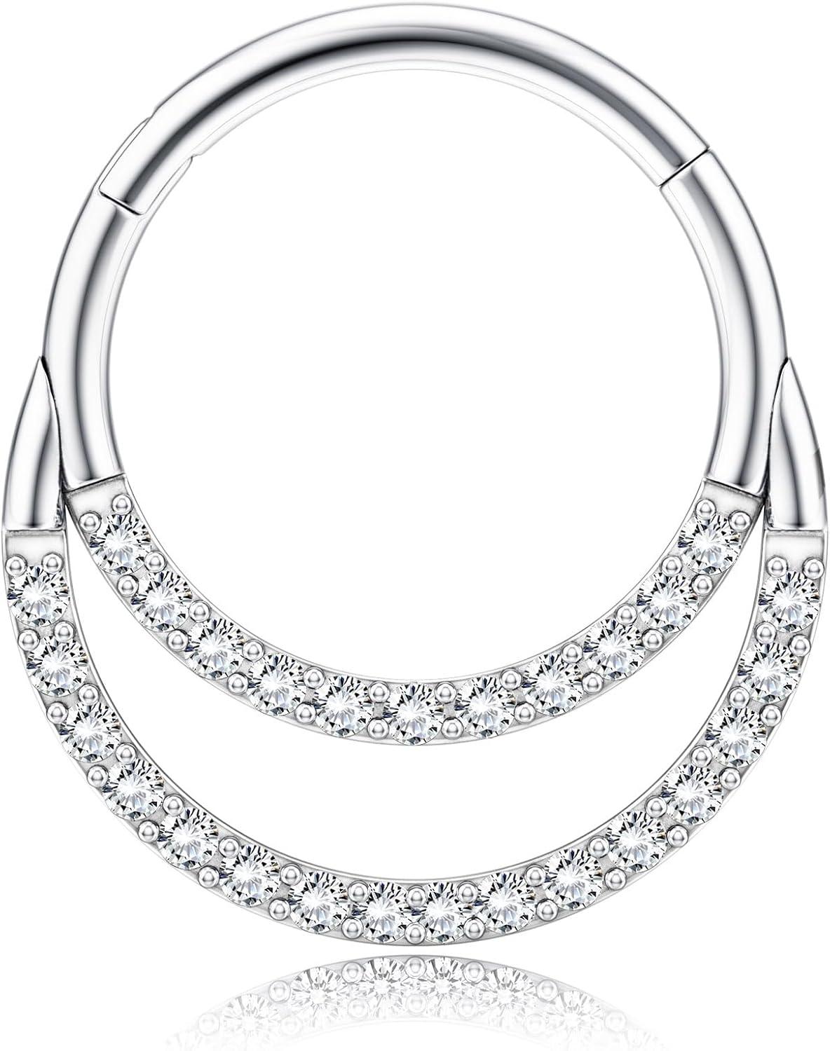 imageBodyBonita 16G Septum Rings Clicker 316L Stainless Steel Septum Nose Rings for Women Daith Earrings for Women Septum Jewelry Conch Daith Piercing Jewelry 14k Gold PlatedSilver 8mm 10mmRadiant Crescent LayeredSilver