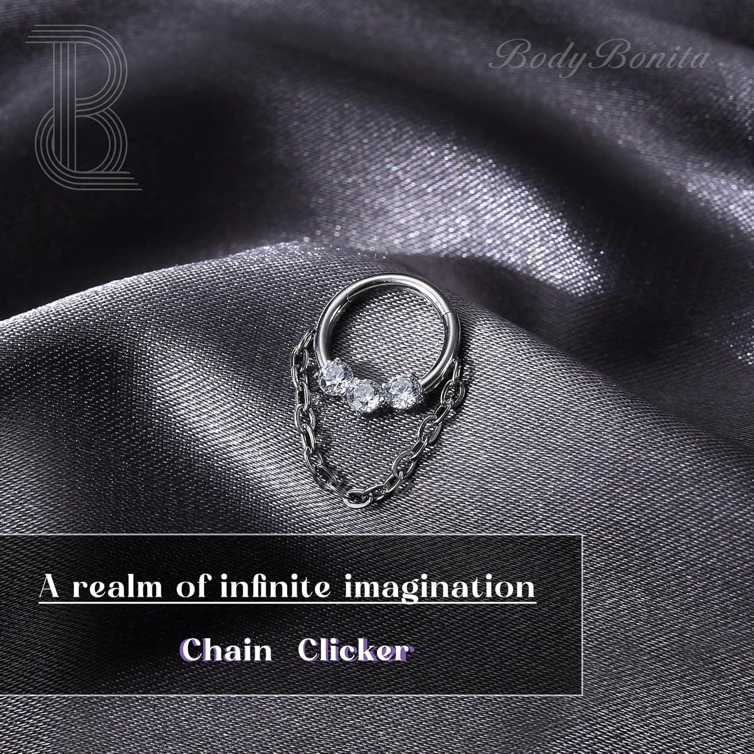 imageBodyBonita 16G Septum Rings Clicker 316L Stainless Steel Septum Nose Rings for Women Daith Earrings for Women Septum Jewelry Conch Daith Piercing Jewelry 14k Gold PlatedSilver 8mm 10mmRadiant Clicker with ChainSilver