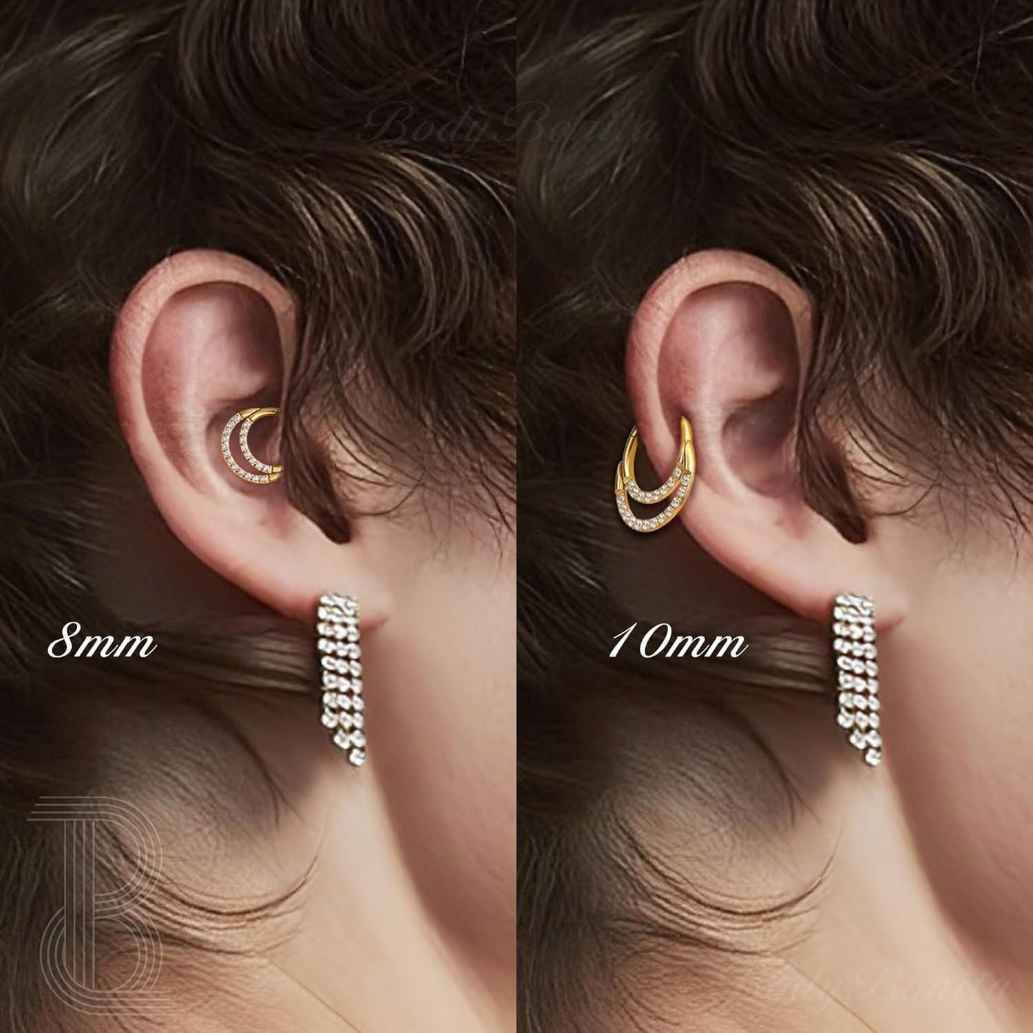 imageBodyBonita 16G Septum Rings Clicker 316L Stainless Steel Septum Nose Rings for Women Daith Earrings for Women Septum Jewelry Conch Daith Piercing Jewelry 14k Gold PlatedSilver 8mm 10mmRadiant Crescent LayeredSilver