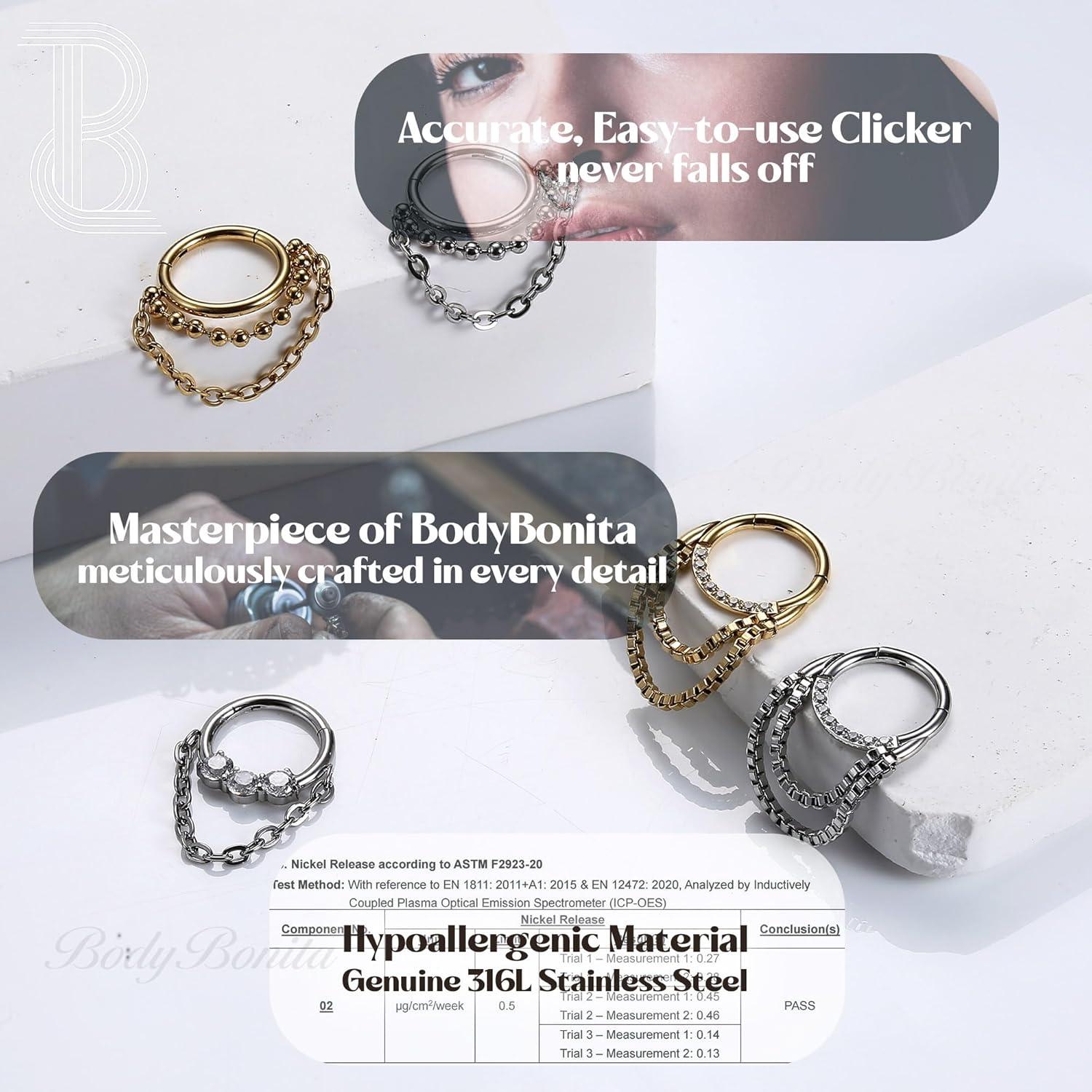 imageBodyBonita 16G Septum Rings Clicker 316L Stainless Steel Septum Nose Rings for Women Daith Earrings for Women Septum Jewelry Conch Daith Piercing Jewelry 14k Gold PlatedSilver 8mm 10mmRadiant Clicker with ChainSilver