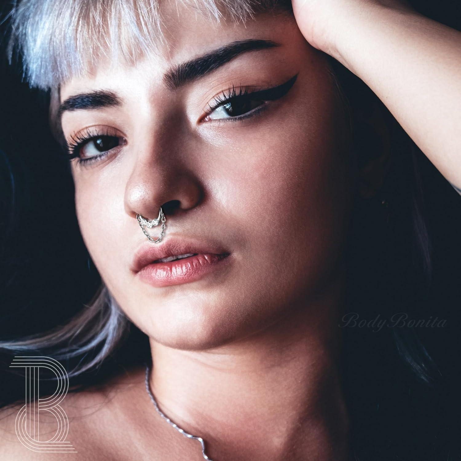 imageBodyBonita 16G Septum Rings Clicker 316L Stainless Steel Septum Nose Rings for Women Daith Earrings for Women Septum Jewelry Conch Daith Piercing Jewelry 14k Gold PlatedSilver 8mm 10mmRadiant Clicker with ChainSilver