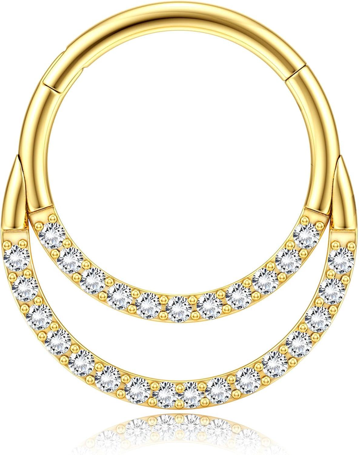 imageBodyBonita 16G Septum Rings Clicker 316L Stainless Steel Septum Nose Rings for Women Daith Earrings for Women Septum Jewelry Conch Daith Piercing Jewelry 14k Gold PlatedSilver 8mm 10mmRadiant Crescent LayeredSilver