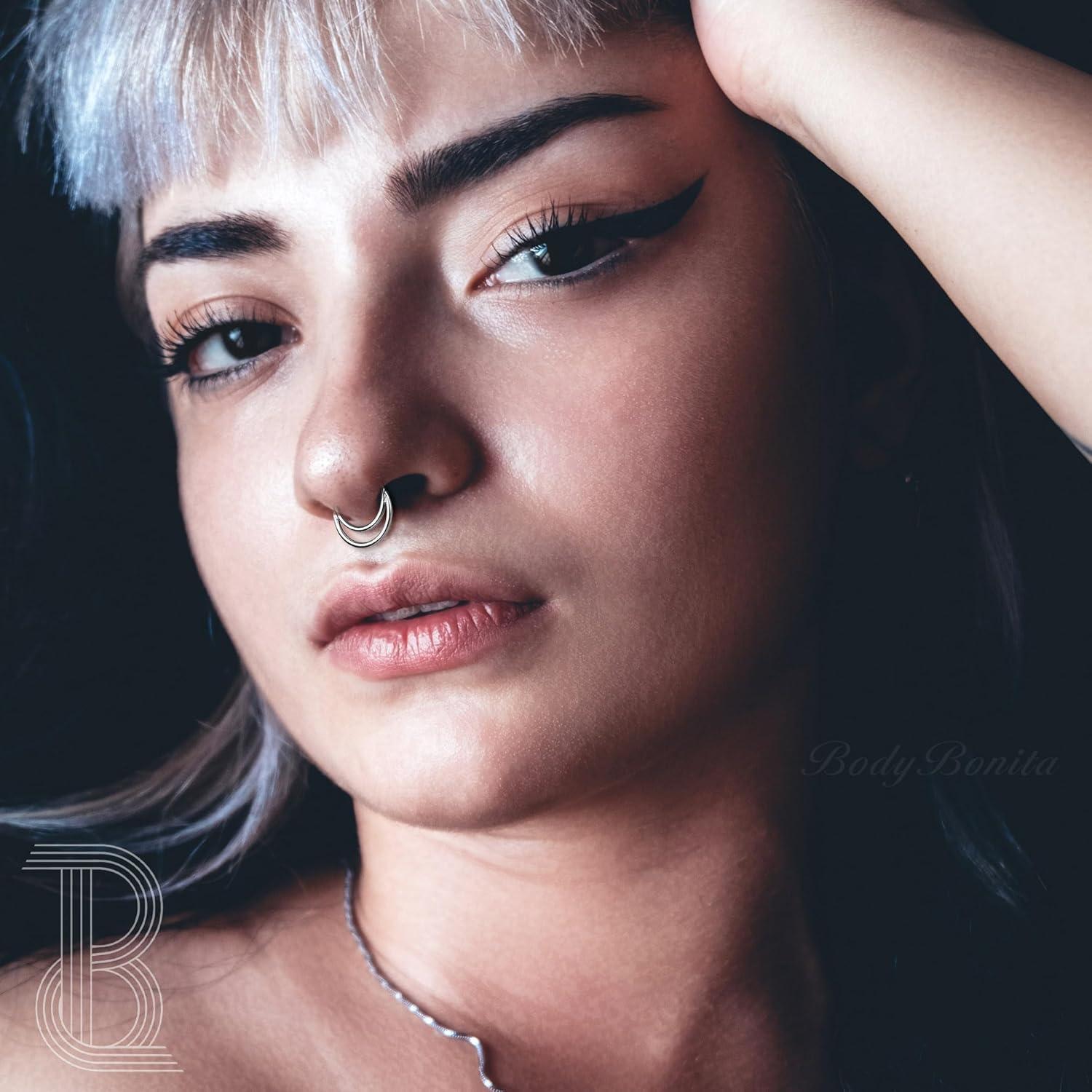 imageBodyBonita 16G Septum Rings Clicker 316L Stainless Steel Septum Nose Rings for Women Daith Earrings for Women Septum Jewelry Conch Daith Piercing Jewelry 14k Gold PlatedSilver 8mm 10mmCrescent LayeredGoldSilver18G