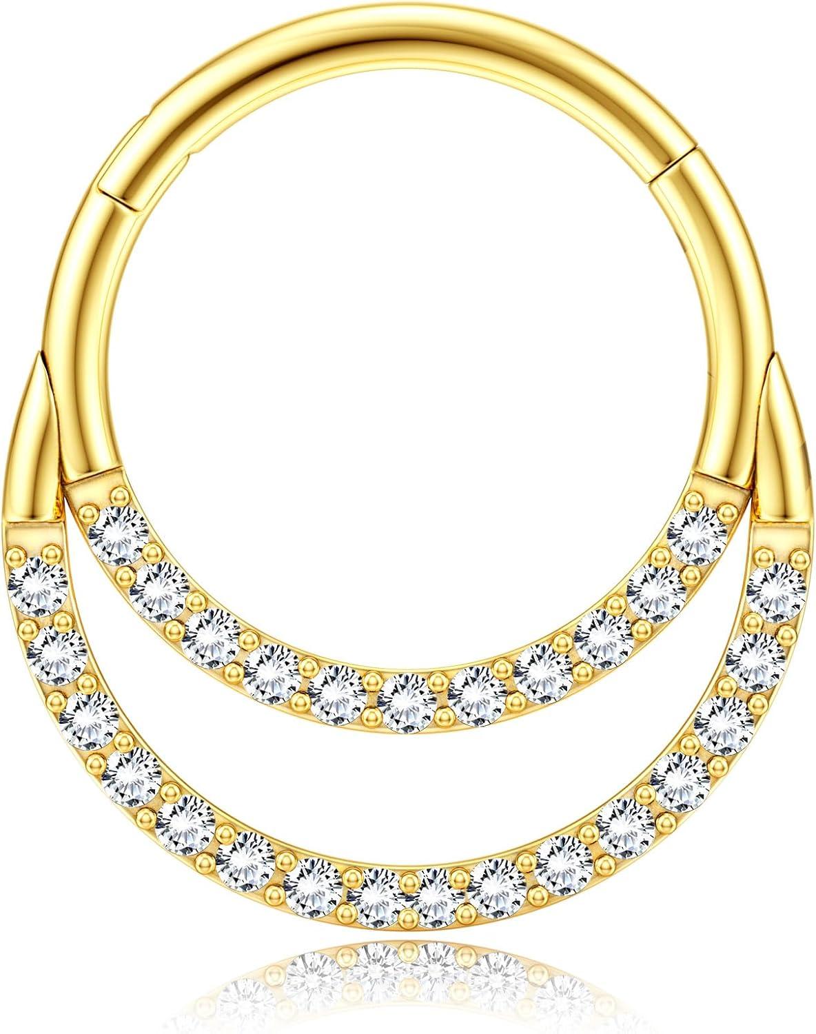 imageBodyBonita 16G Septum Rings Clicker 316L Stainless Steel Septum Nose Rings for Women Daith Earrings for Women Septum Jewelry Conch Daith Piercing Jewelry 14k Gold PlatedSilver 8mm 10mmRadiant Crescent LayeredSilver