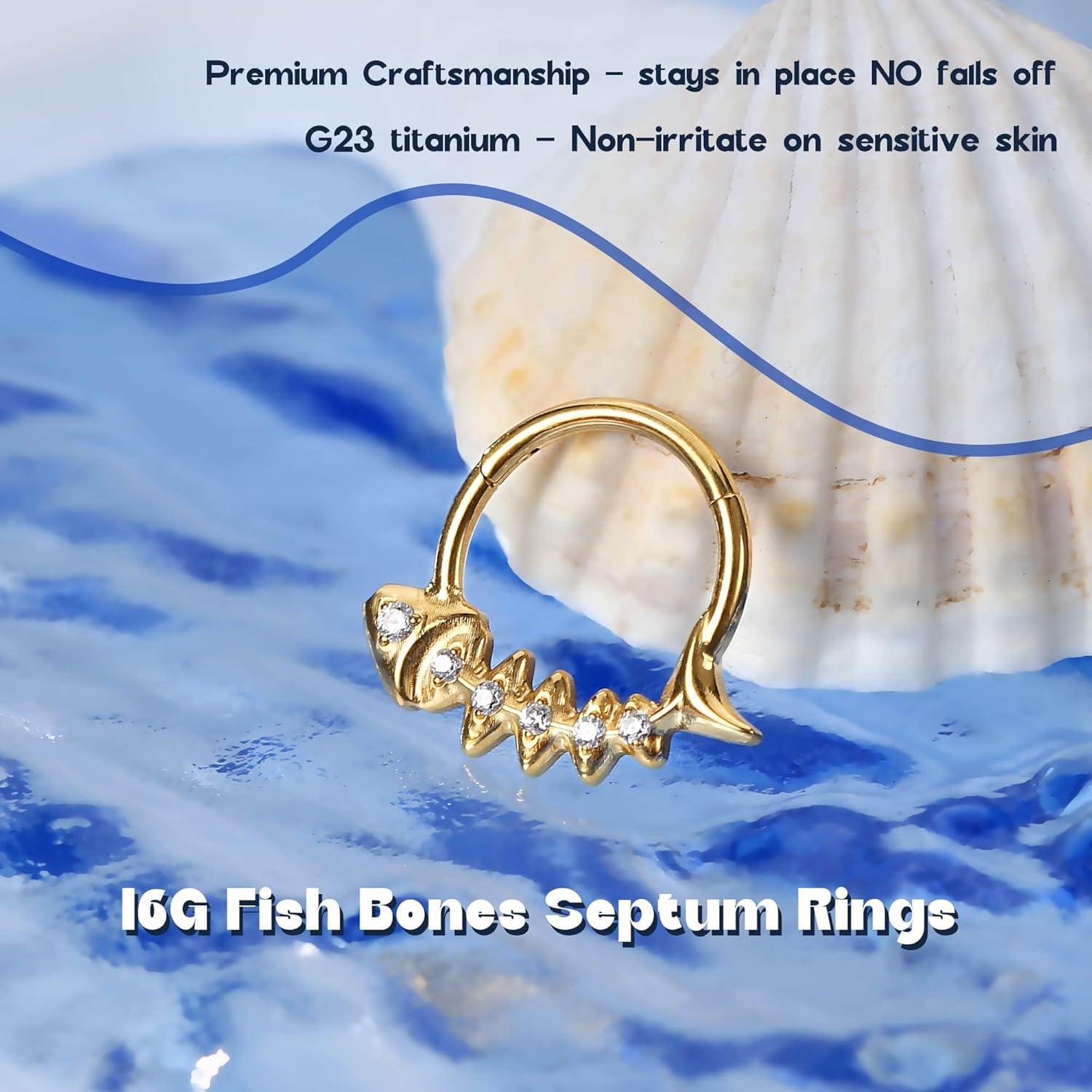 imageBodyBonita 16G Septum Rings Fish Bones G23 Titanium Nose Rings Hoops Septum Jewelry Clicker Conch Helix Tragus Rook Daith Piercings for Women Men SilverGold Plated 810 mmGold