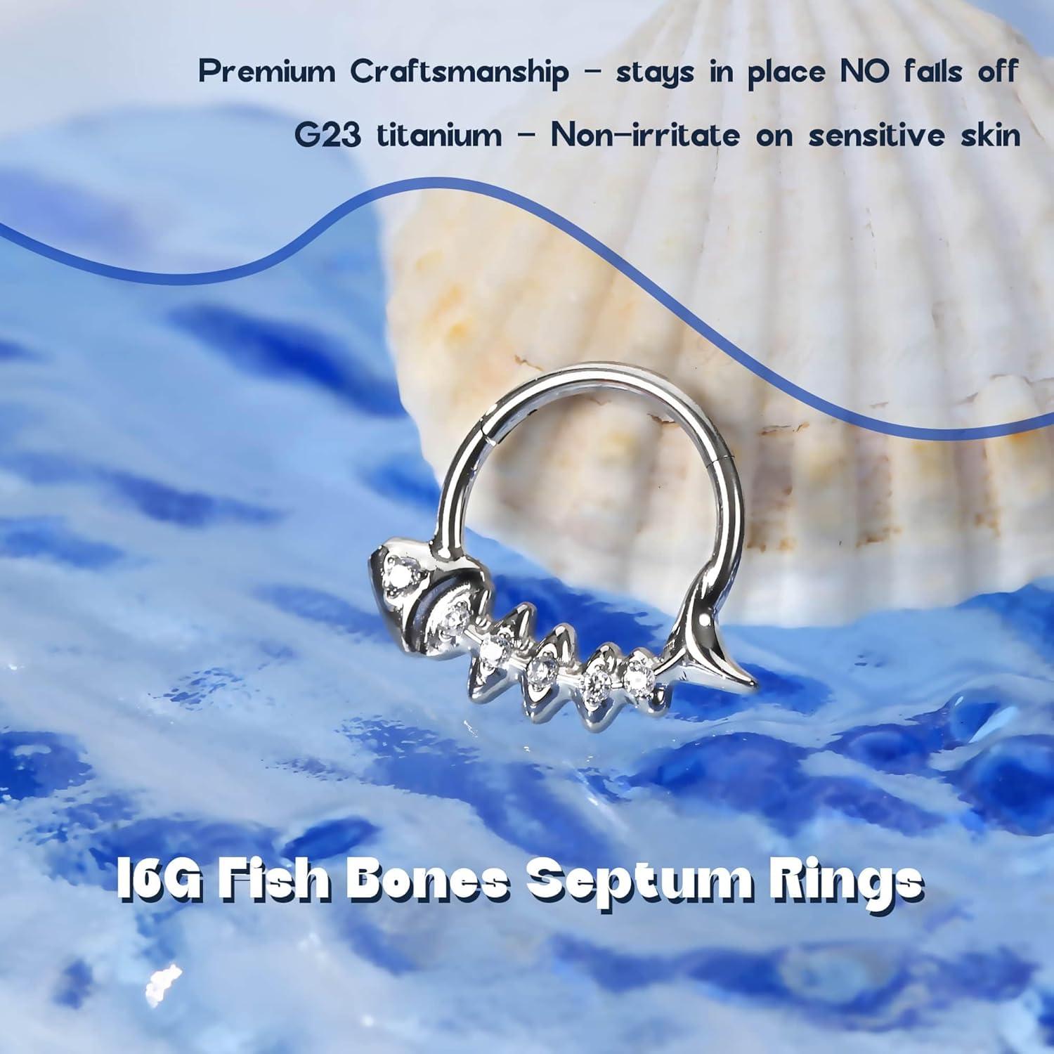 imageBodyBonita 16G Septum Rings Fish Bones G23 Titanium Nose Rings Hoops Septum Jewelry Clicker Conch Helix Tragus Rook Daith Piercings for Women Men SilverGold Plated 810 mmSilver