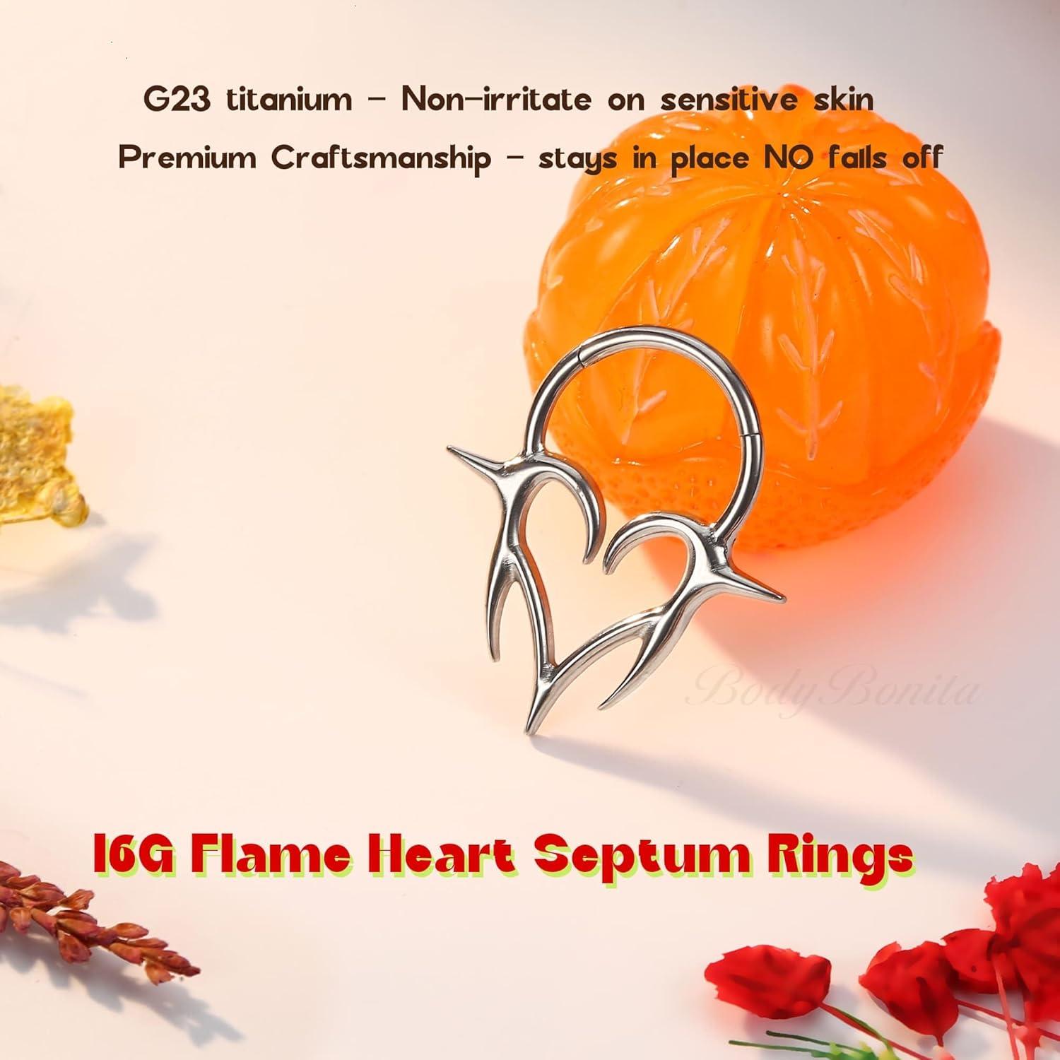 imageBodyBonita 16G Septum Rings Flame Heart G23 Titanium Septum Jewelry Nose Rings Hoops Clicker Conch Helix Tragus Rook Daith Piercings for Women Men SilverGold Plated 810mmSilver