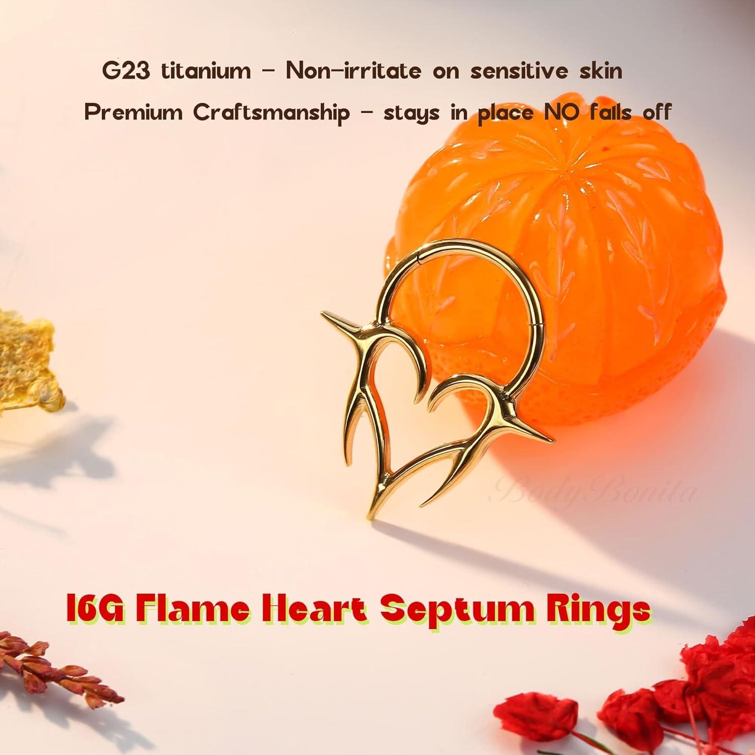 imageBodyBonita 16G Septum Rings Flame Heart G23 Titanium Septum Jewelry Nose Rings Hoops Clicker Conch Helix Tragus Rook Daith Piercings for Women Men SilverGold Plated 810mmGold
