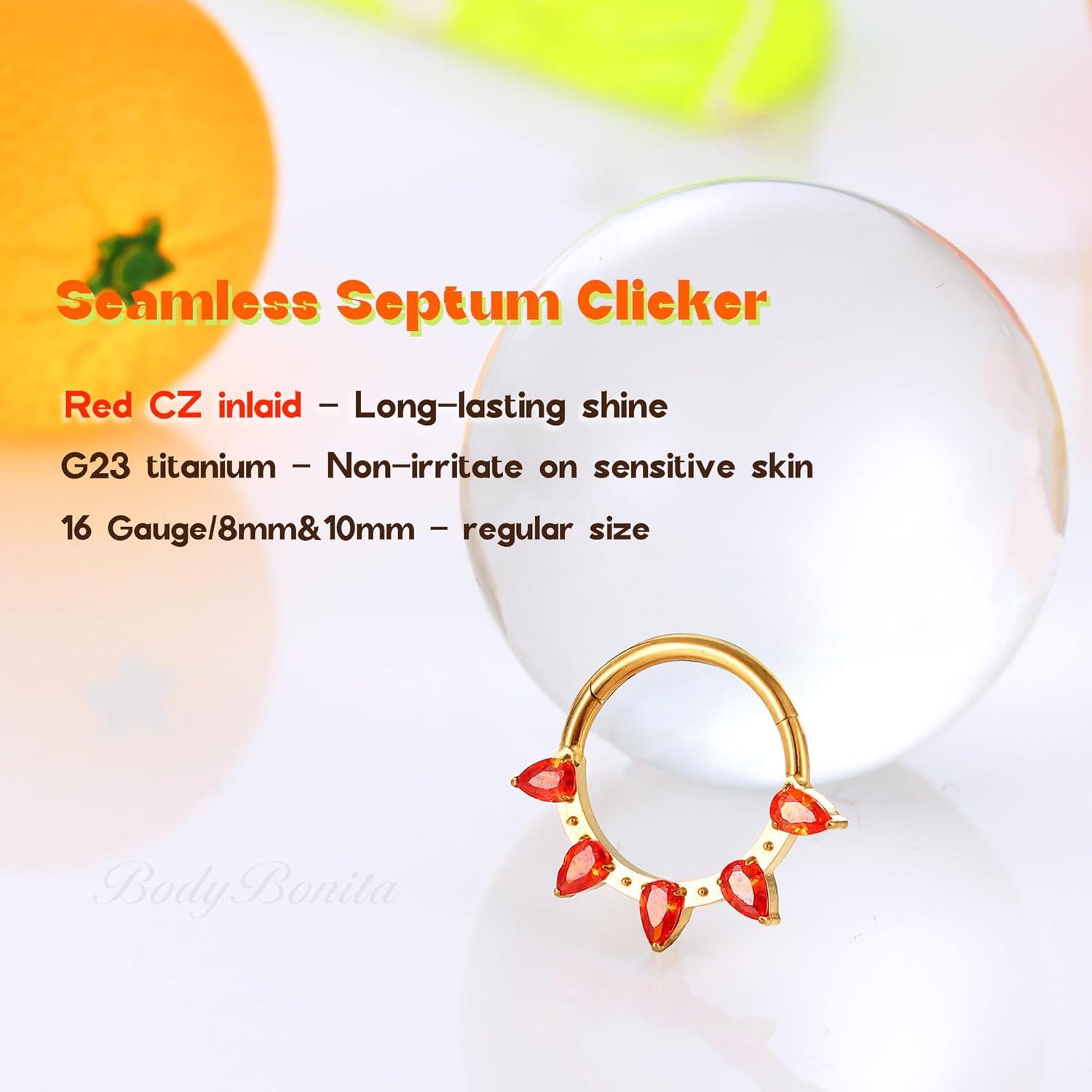 imageBodyBonita 16G Septum Rings PinkRedGreenClear CZ G23 Titanium Nose Ring Hoops Septum Jewelry Clicker Conch Helix Tragus Rook Daith Piercings for Women Men SilverGold 810 mmRed CZGold