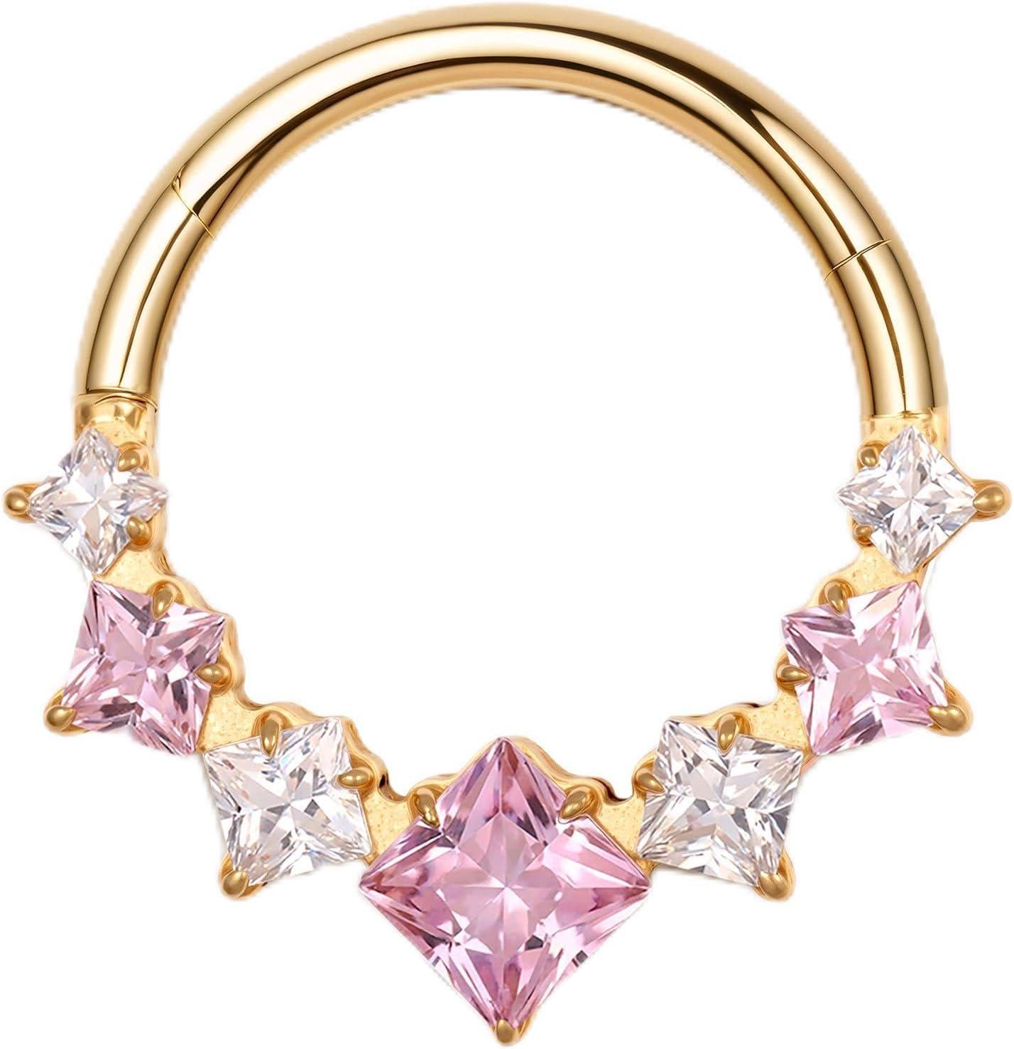 imageBodyBonita 16G Septum Rings PinkRedGreenClear CZ G23 Titanium Nose Ring Hoops Septum Jewelry Clicker Conch Helix Tragus Rook Daith Piercings for Women Men SilverGold 810 mmPink CZGold