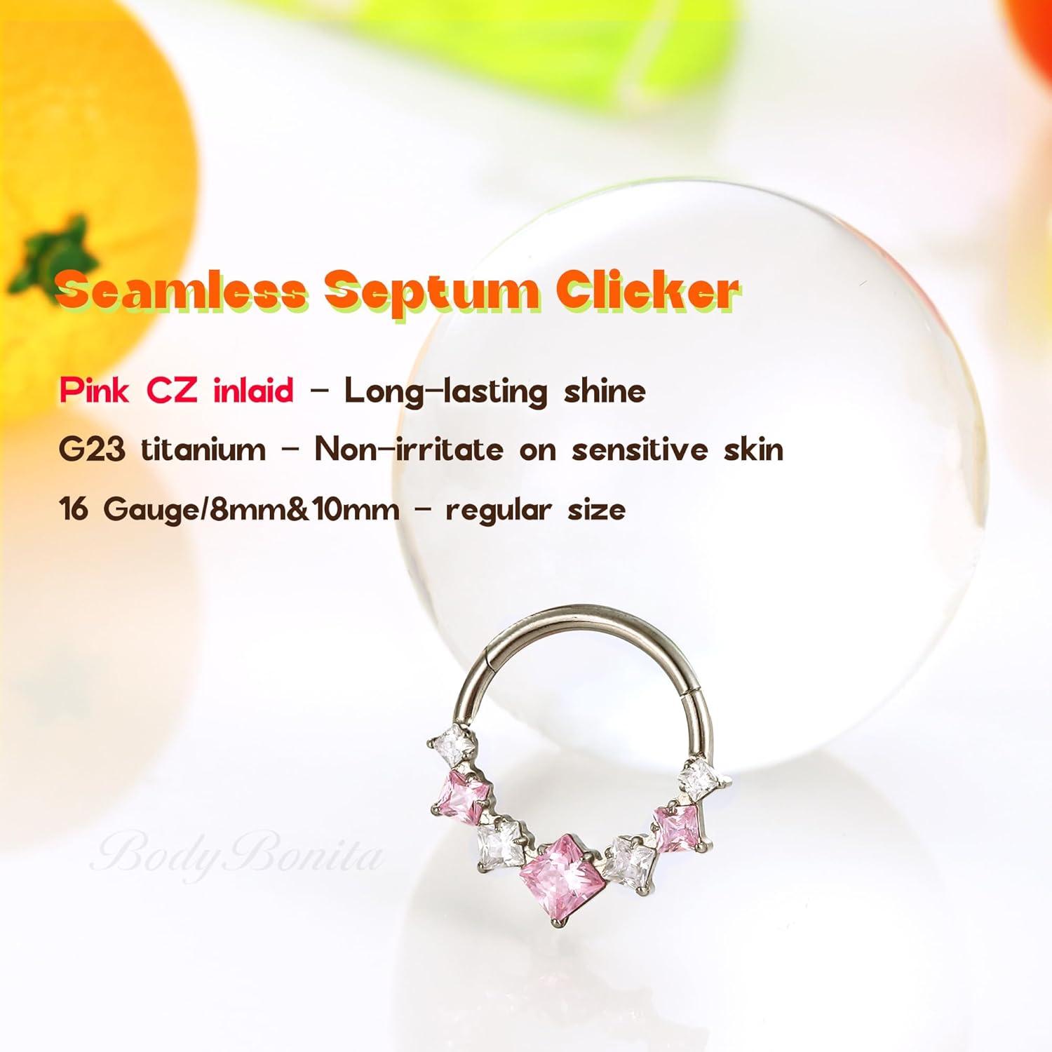 imageBodyBonita 16G Septum Rings PinkRedGreenClear CZ G23 Titanium Nose Ring Hoops Septum Jewelry Clicker Conch Helix Tragus Rook Daith Piercings for Women Men SilverGold 810 mmPink CZSilver