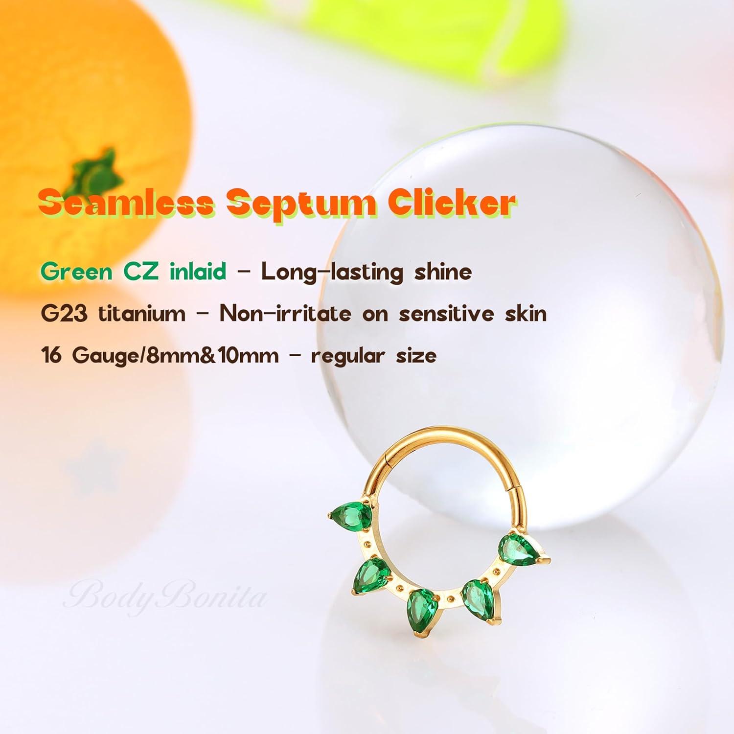 imageBodyBonita 16G Septum Rings PinkRedGreenClear CZ G23 Titanium Nose Ring Hoops Septum Jewelry Clicker Conch Helix Tragus Rook Daith Piercings for Women Men SilverGold 810 mmGreen CZGold