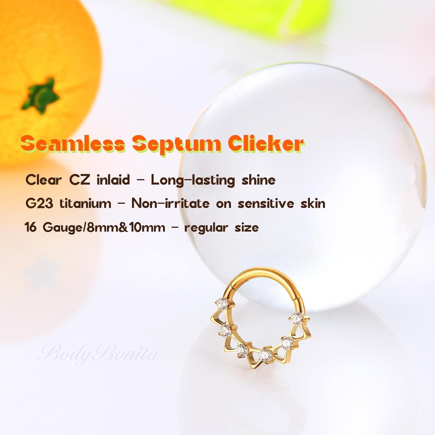 imageBodyBonita 16G Septum Rings PinkRedGreenClear CZ G23 Titanium Nose Ring Hoops Septum Jewelry Clicker Conch Helix Tragus Rook Daith Piercings for Women Men SilverGold 810 mmClear CZGold