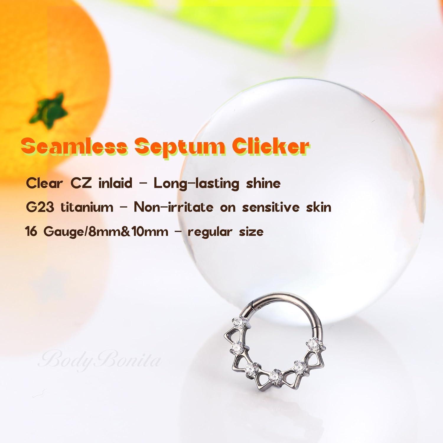 imageBodyBonita 16G Septum Rings PinkRedGreenClear CZ G23 Titanium Nose Ring Hoops Septum Jewelry Clicker Conch Helix Tragus Rook Daith Piercings for Women Men SilverGold 810 mmClear CZSilver