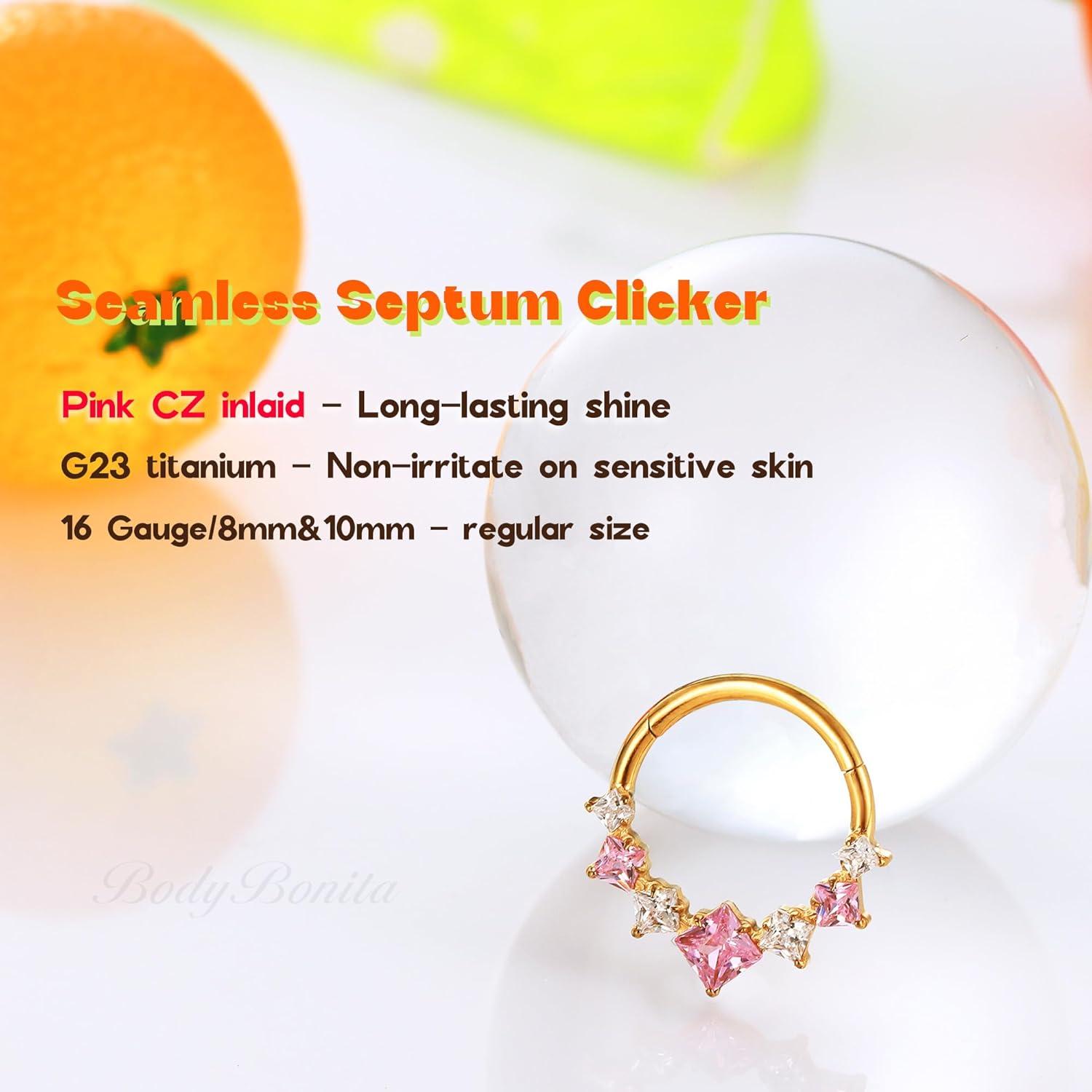 imageBodyBonita 16G Septum Rings PinkRedGreenClear CZ G23 Titanium Nose Ring Hoops Septum Jewelry Clicker Conch Helix Tragus Rook Daith Piercings for Women Men SilverGold 810 mmPink CZGold