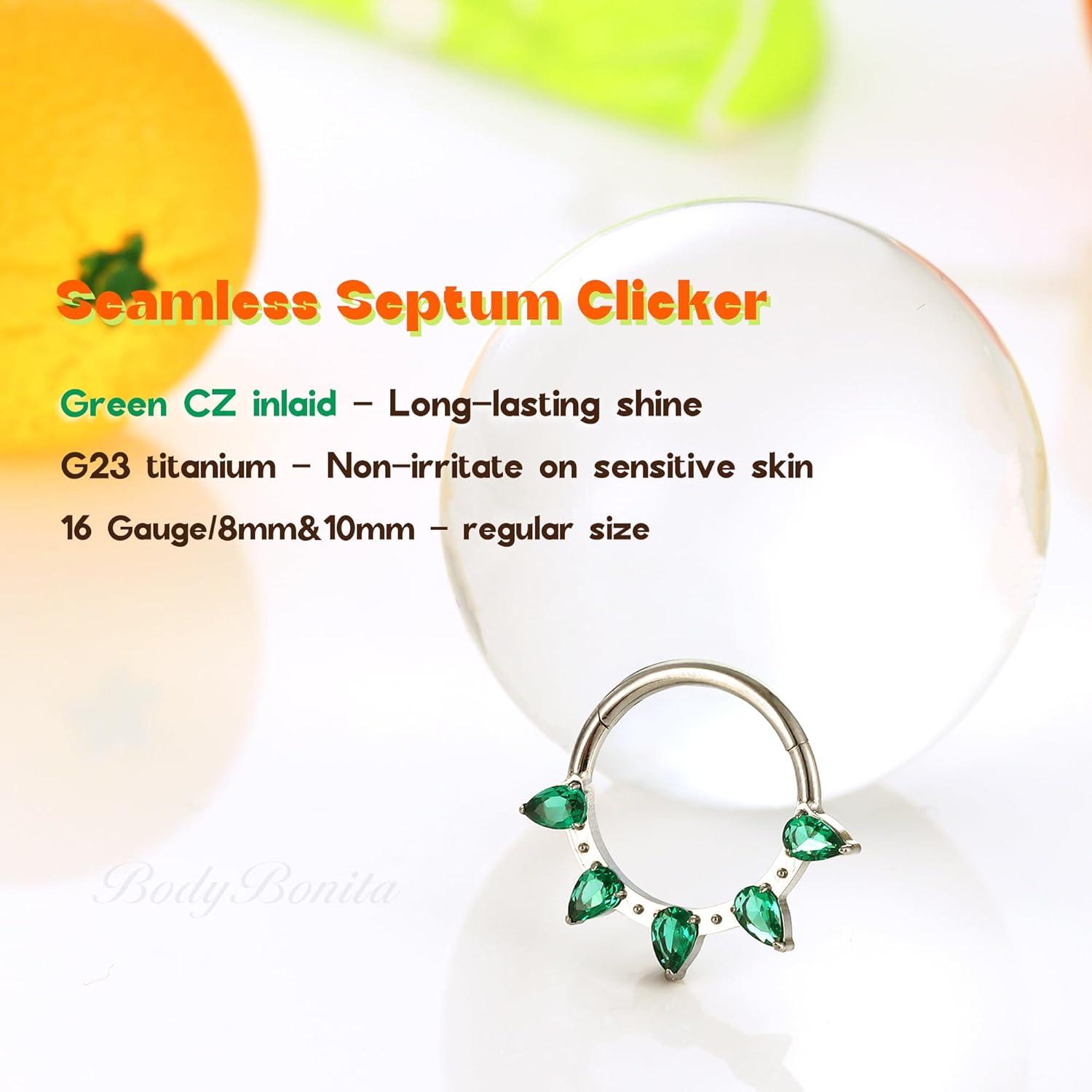 imageBodyBonita 16G Septum Rings PinkRedGreenClear CZ G23 Titanium Nose Ring Hoops Septum Jewelry Clicker Conch Helix Tragus Rook Daith Piercings for Women Men SilverGold 810 mmGreen CZSilver
