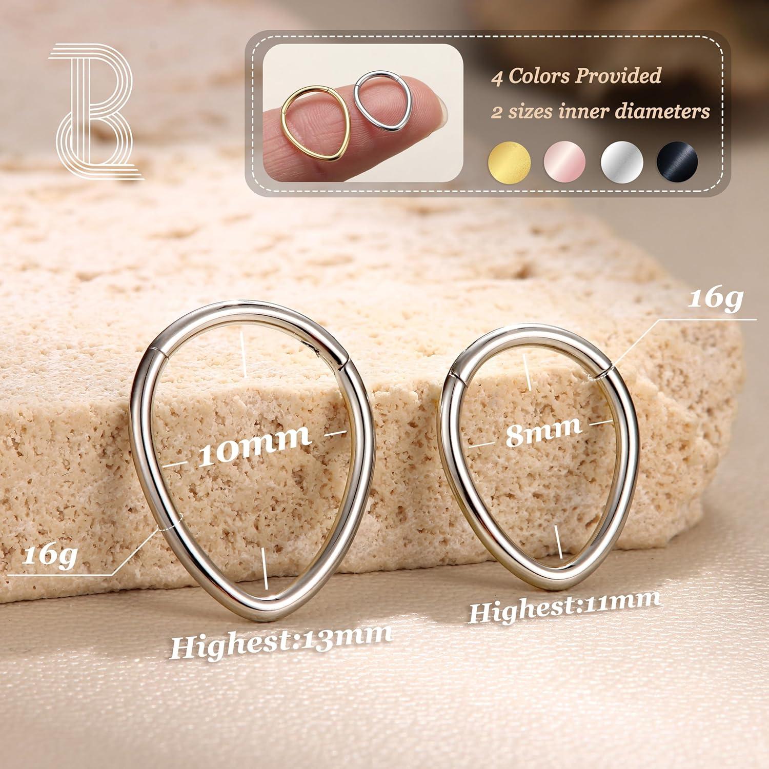 imageBodyBonita 16G Septum Rings Teardrop 316L Surgical Steel Nose Rings Hoops Hinged Cartilage Earrings for Women Conch Daith Piercing Jewelry Helix Rook Lip Gold PlatedSilverBlackRoseGold PlatedTeardropSleek Silver