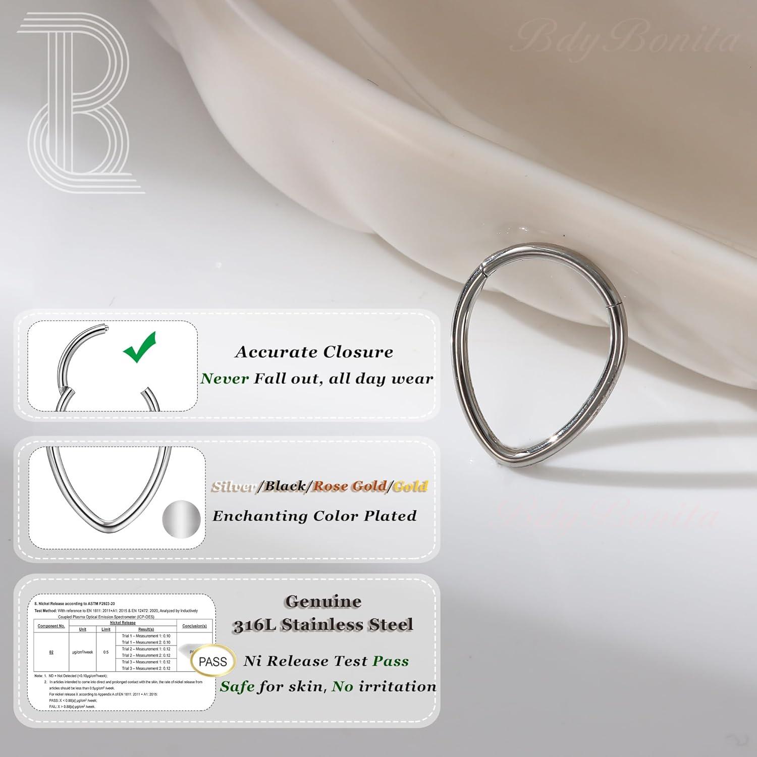 imageBodyBonita 16G Septum Rings Teardrop 316L Surgical Steel Nose Rings Hoops Hinged Cartilage Earrings for Women Conch Daith Piercing Jewelry Helix Rook Lip Gold PlatedSilverBlackRoseGold PlatedTeardropSleek Silver