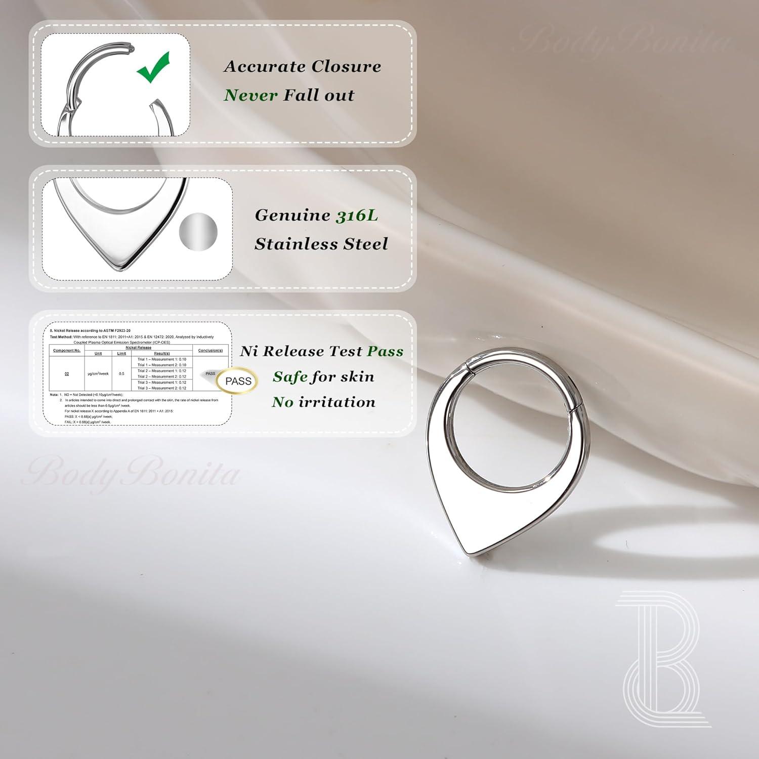 imageBodyBonita 16G Septum Rings Teardrop 316L Surgical Steel Nose Rings Hoops Hinged Cartilage Earrings for Women Conch Daith Piercing Jewelry Helix Rook Lip Gold PlatedSilverBlackRoseGold PlatedTeardropBold Silver