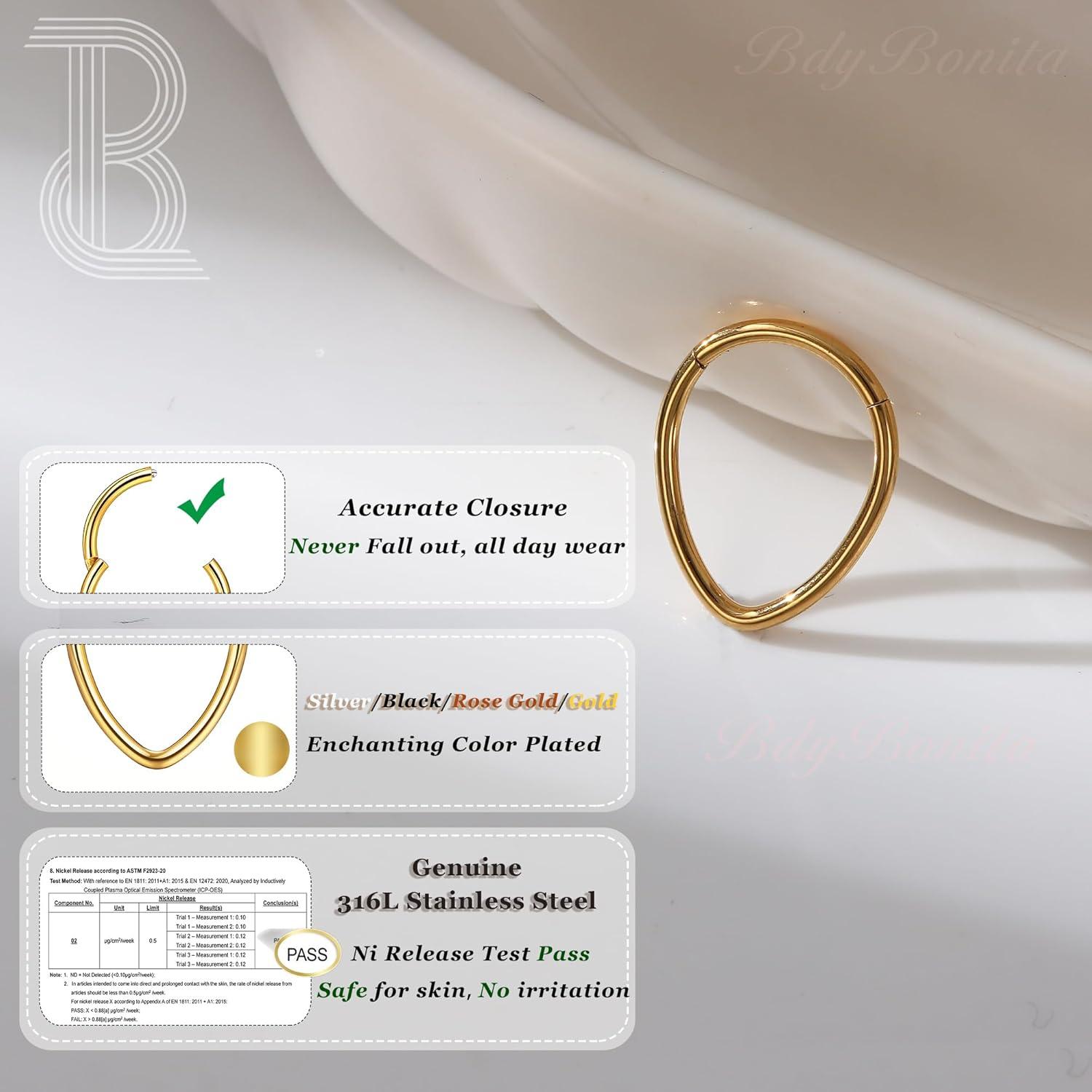 imageBodyBonita 16G Septum Rings Teardrop 316L Surgical Steel Nose Rings Hoops Hinged Cartilage Earrings for Women Conch Daith Piercing Jewelry Helix Rook Lip Gold PlatedSilverBlackRoseGold PlatedTeardropSleek Gold