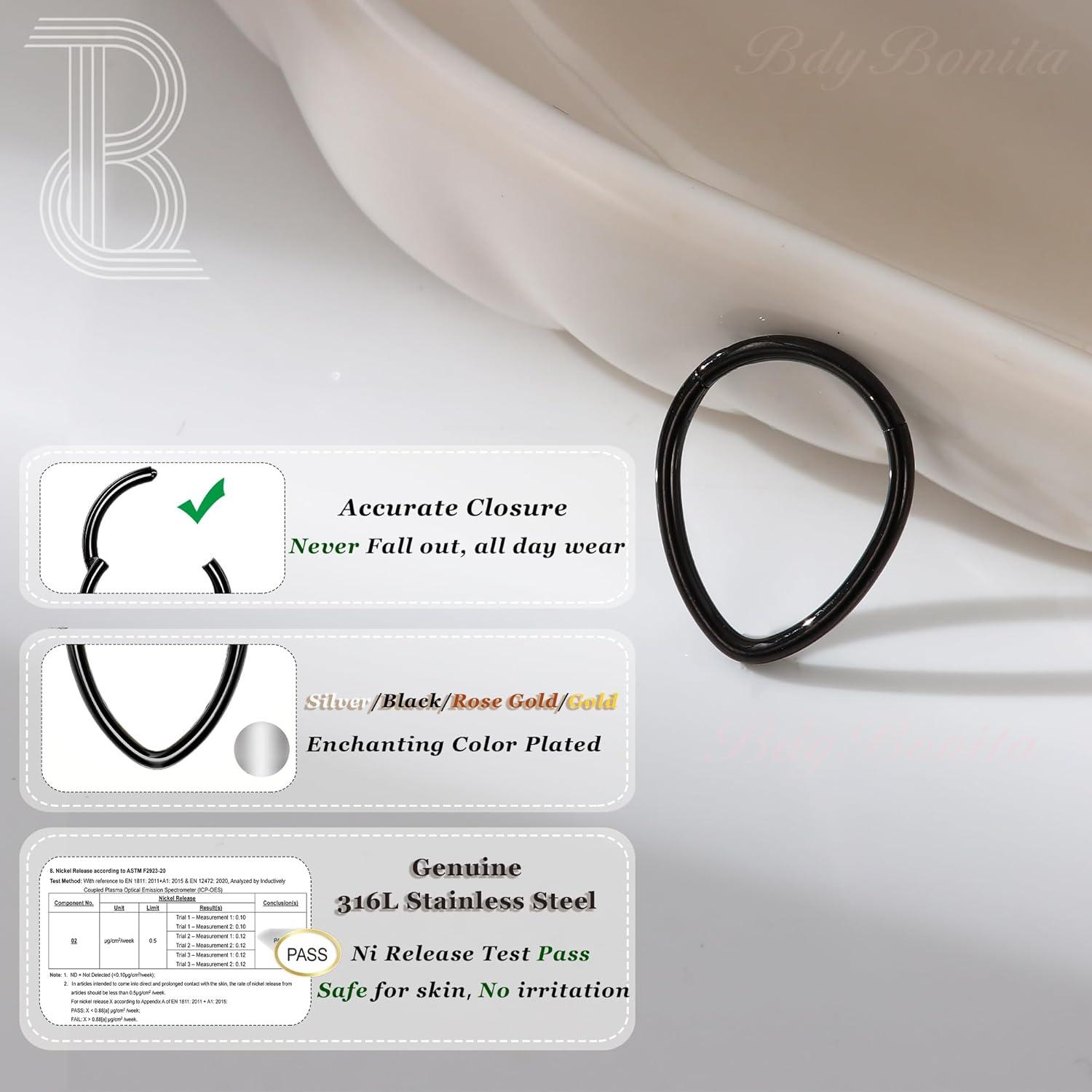 imageBodyBonita 16G Septum Rings Teardrop 316L Surgical Steel Nose Rings Hoops Hinged Cartilage Earrings for Women Conch Daith Piercing Jewelry Helix Rook Lip Gold PlatedSilverBlackRoseGold PlatedTeardropSleek Black