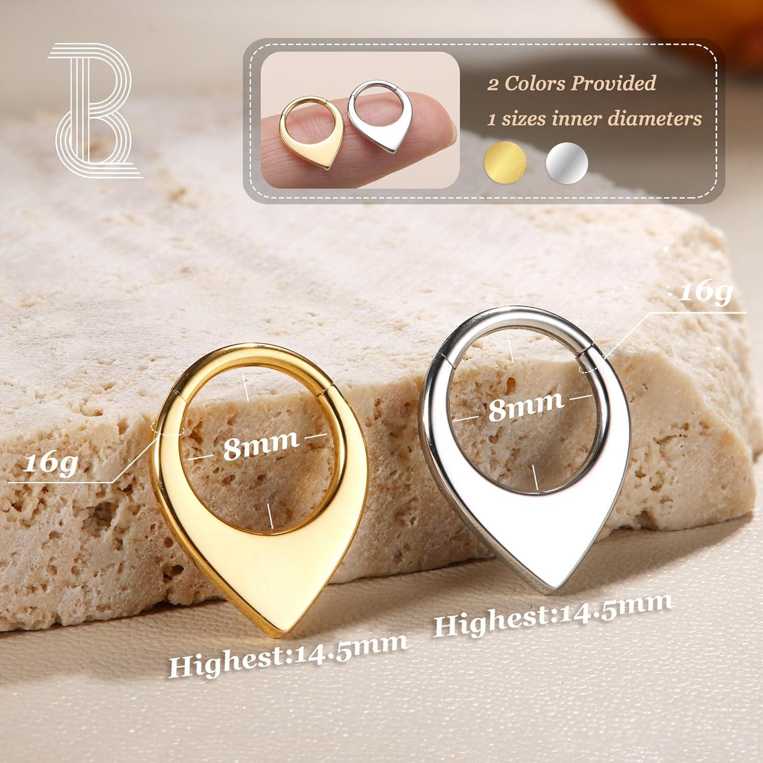 imageBodyBonita 16G Septum Rings Teardrop 316L Surgical Steel Nose Rings Hoops Hinged Cartilage Earrings for Women Conch Daith Piercing Jewelry Helix Rook Lip Gold PlatedSilverBlackRoseGold PlatedTeardropBold Silver