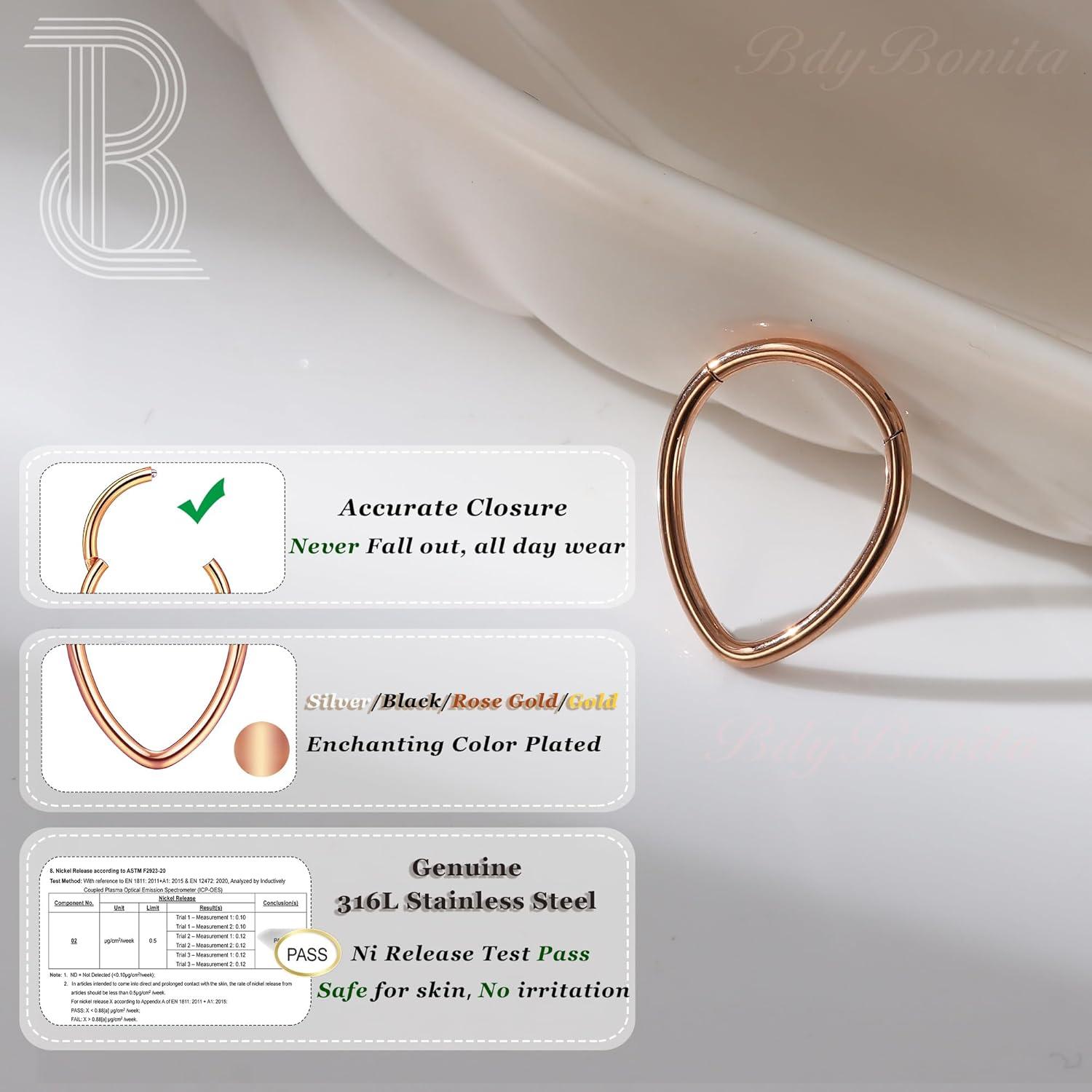 imageBodyBonita 16G Septum Rings Teardrop 316L Surgical Steel Nose Rings Hoops Hinged Cartilage Earrings for Women Conch Daith Piercing Jewelry Helix Rook Lip Gold PlatedSilverBlackRoseGold PlatedTeardropSleek Rose Gold