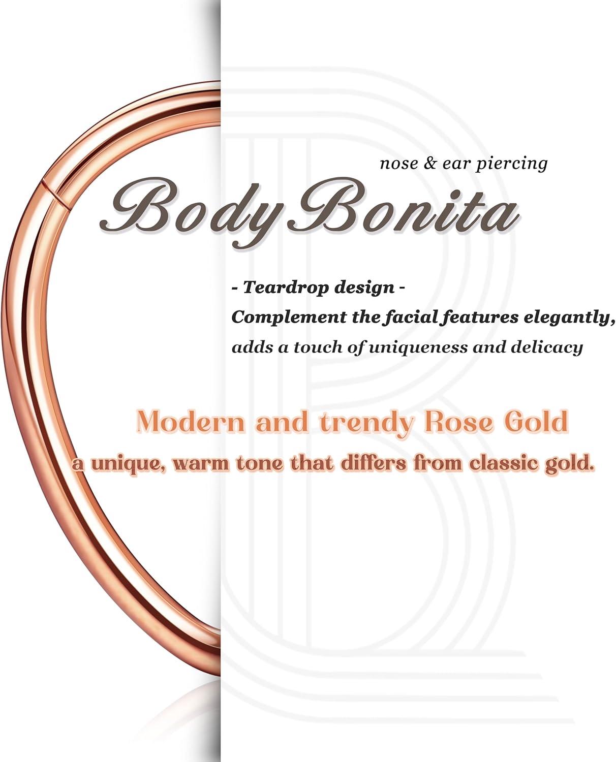 imageBodyBonita 16G Septum Rings Teardrop 316L Surgical Steel Nose Rings Hoops Hinged Cartilage Earrings for Women Conch Daith Piercing Jewelry Helix Rook Lip Gold PlatedSilverBlackRoseGold PlatedTeardropSleek Rose Gold