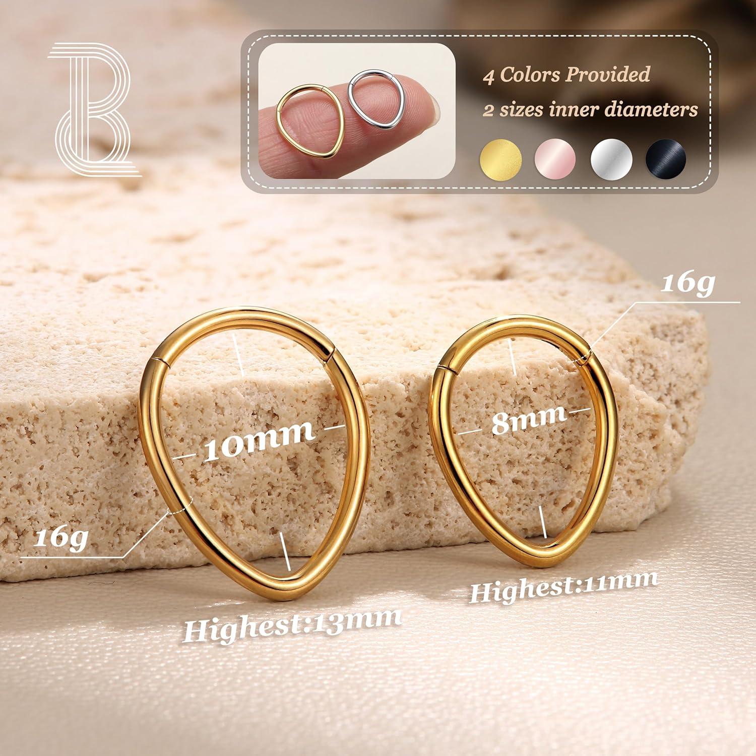 imageBodyBonita 16G Septum Rings Teardrop 316L Surgical Steel Nose Rings Hoops Hinged Cartilage Earrings for Women Conch Daith Piercing Jewelry Helix Rook Lip Gold PlatedSilverBlackRoseGold PlatedTeardropSleek Gold