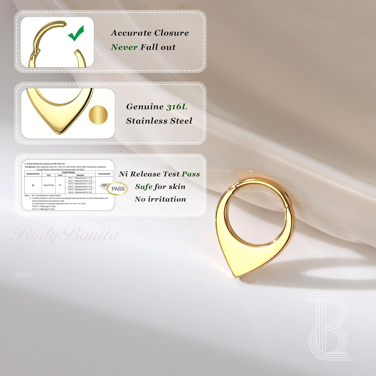 imageBodyBonita 16G Septum Rings Teardrop 316L Surgical Steel Nose Rings Hoops Hinged Cartilage Earrings for Women Conch Daith Piercing Jewelry Helix Rook Lip Gold PlatedSilverBlackRoseGold PlatedTeardropBold Gold