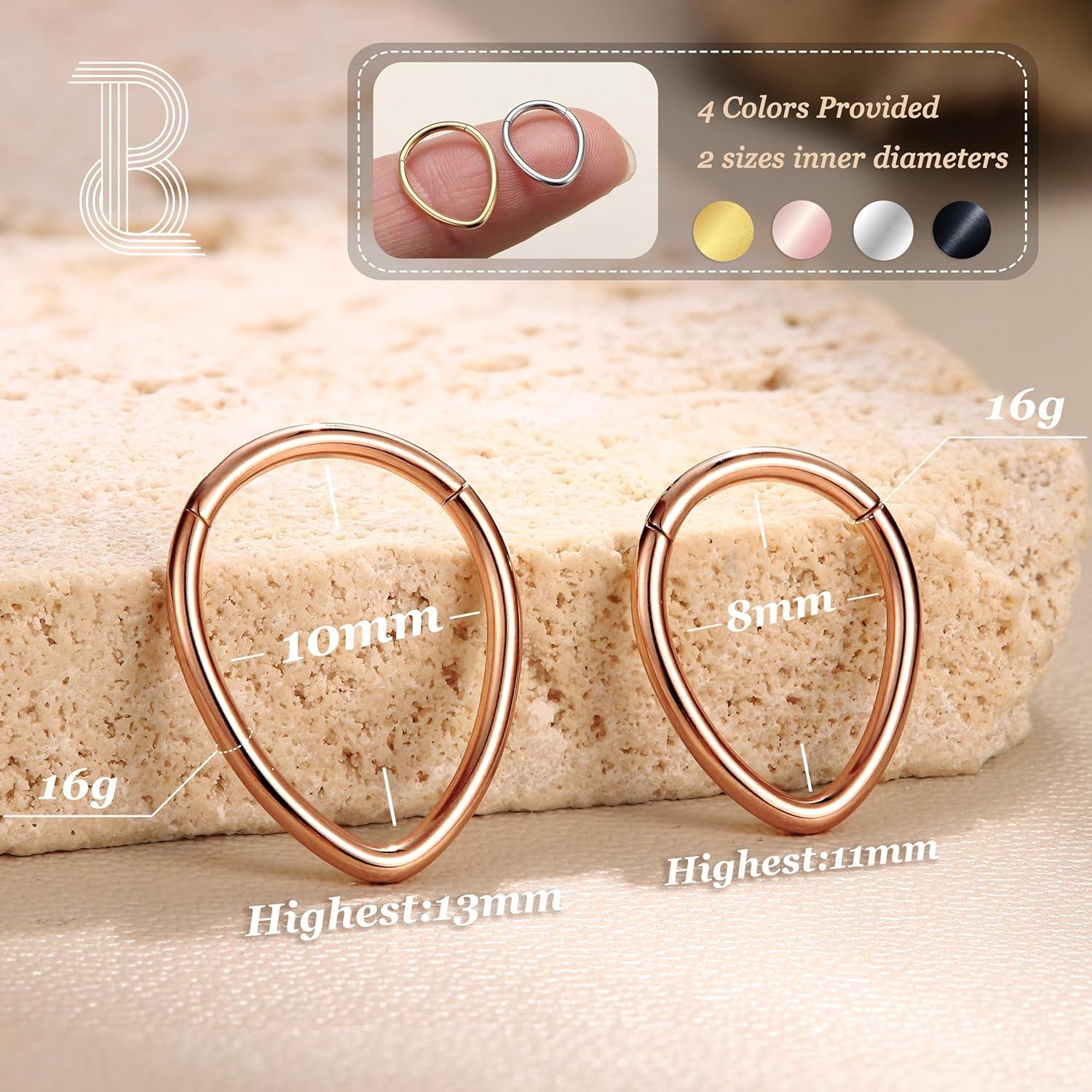 imageBodyBonita 16G Septum Rings Teardrop 316L Surgical Steel Nose Rings Hoops Hinged Cartilage Earrings for Women Conch Daith Piercing Jewelry Helix Rook Lip Gold PlatedSilverBlackRoseGold PlatedTeardropSleek Rose Gold