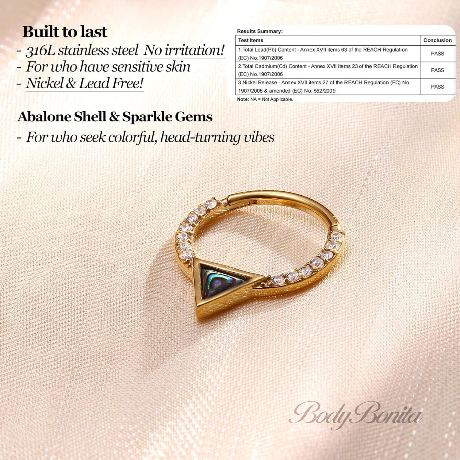 imageBodyBonita 16G Shell Septum Rings 316L Surgical Steel Nose Rings Hoops Clicker CZ Septum Jewelry Nose Piercings Helix Tragus Rook Daith Earrings for Women Men SilverGold 810mmGold