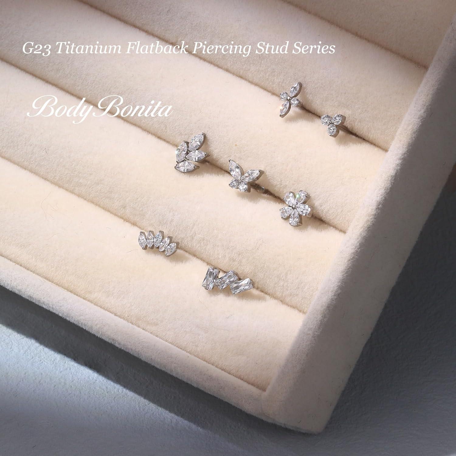 imageBodyBonita 16G Stud Earrings Flat Back G23 Titanium Internal Thread Cartilage Earrings for Women Hypoallergenic CZ Stud Piercing Jewelry TragusNoseHelixConchMedusaLipLabret 6mm 8mmButterfly CZTitanium
