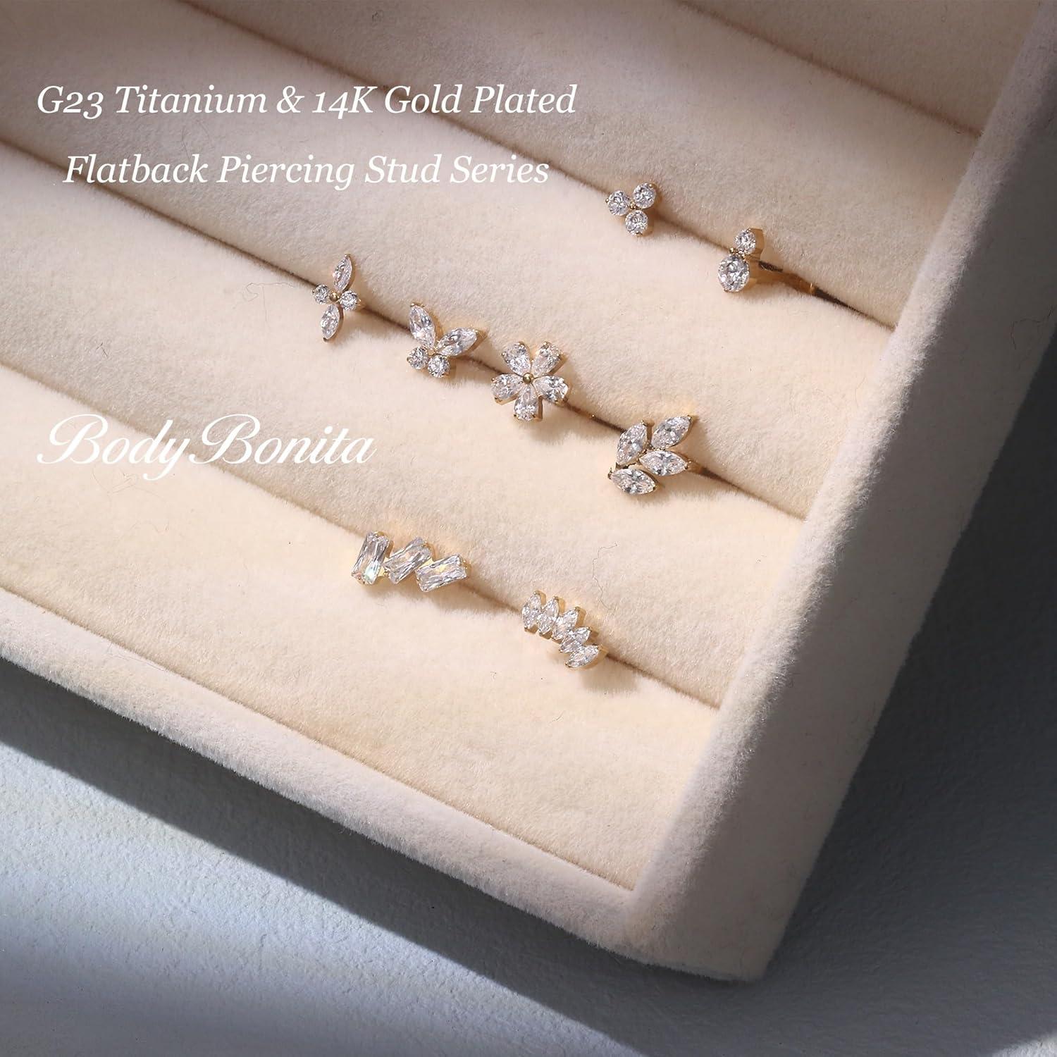 imageBodyBonita 16G Stud Earrings Flat Back G23 Titanium Internal Thread Cartilage Earrings for Women Hypoallergenic CZ Stud Piercing Jewelry TragusNoseHelixConchMedusaLipLabret 6mm 8mmDeux14K Gold