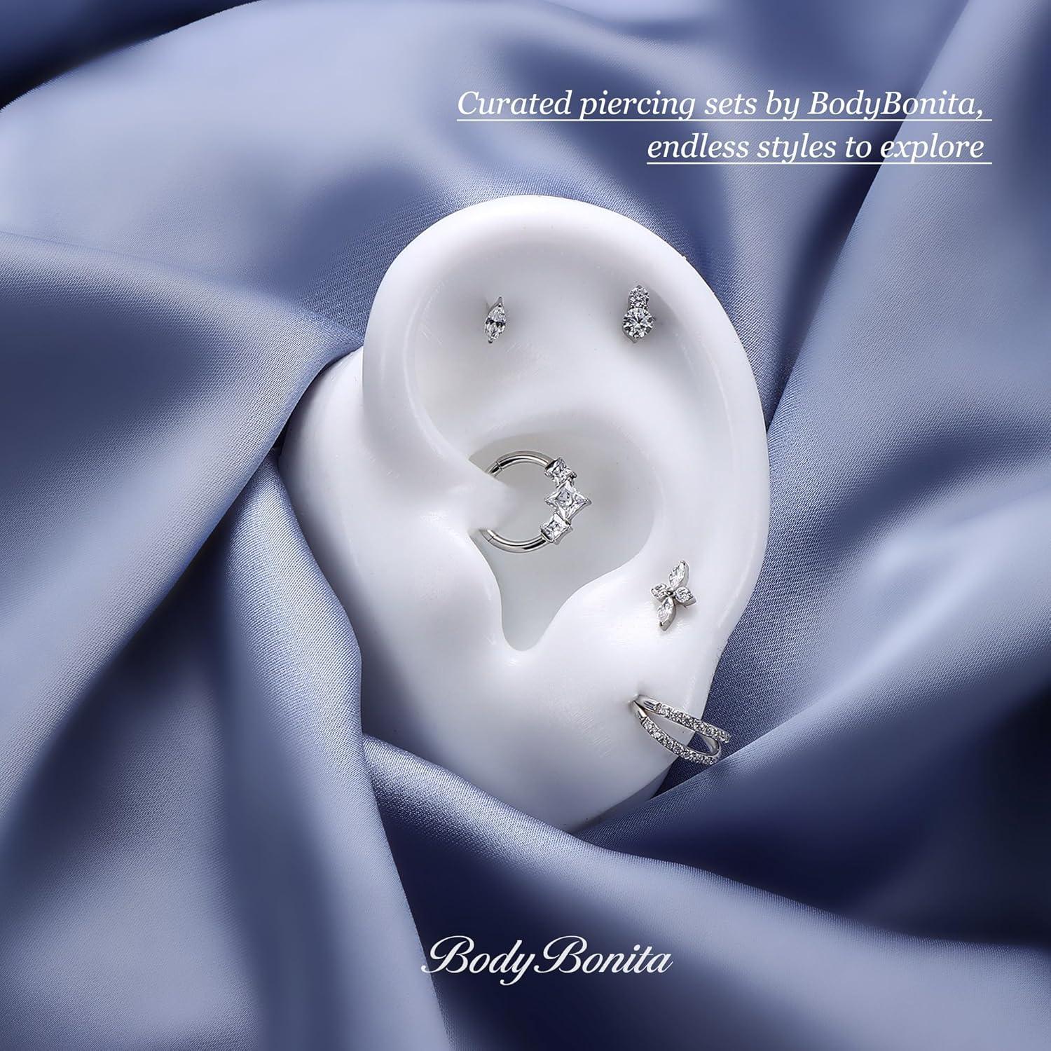 imageBodyBonita 16G Stud Earrings Flat Back G23 Titanium Internal Thread Cartilage Earrings for Women Hypoallergenic CZ Stud Piercing Jewelry TragusNoseHelixConchMedusaLipLabret 6mm 8mmDeux14K Gold