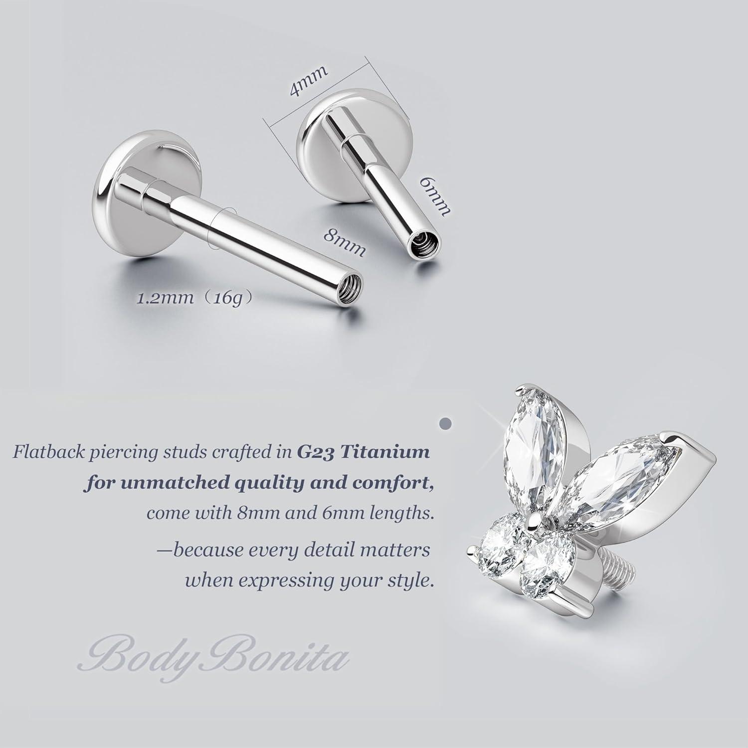 imageBodyBonita 16G Stud Earrings Flat Back G23 Titanium Internal Thread Cartilage Earrings for Women Hypoallergenic CZ Stud Piercing Jewelry TragusNoseHelixConchMedusaLipLabret 6mm 8mmButterfly CZTitanium