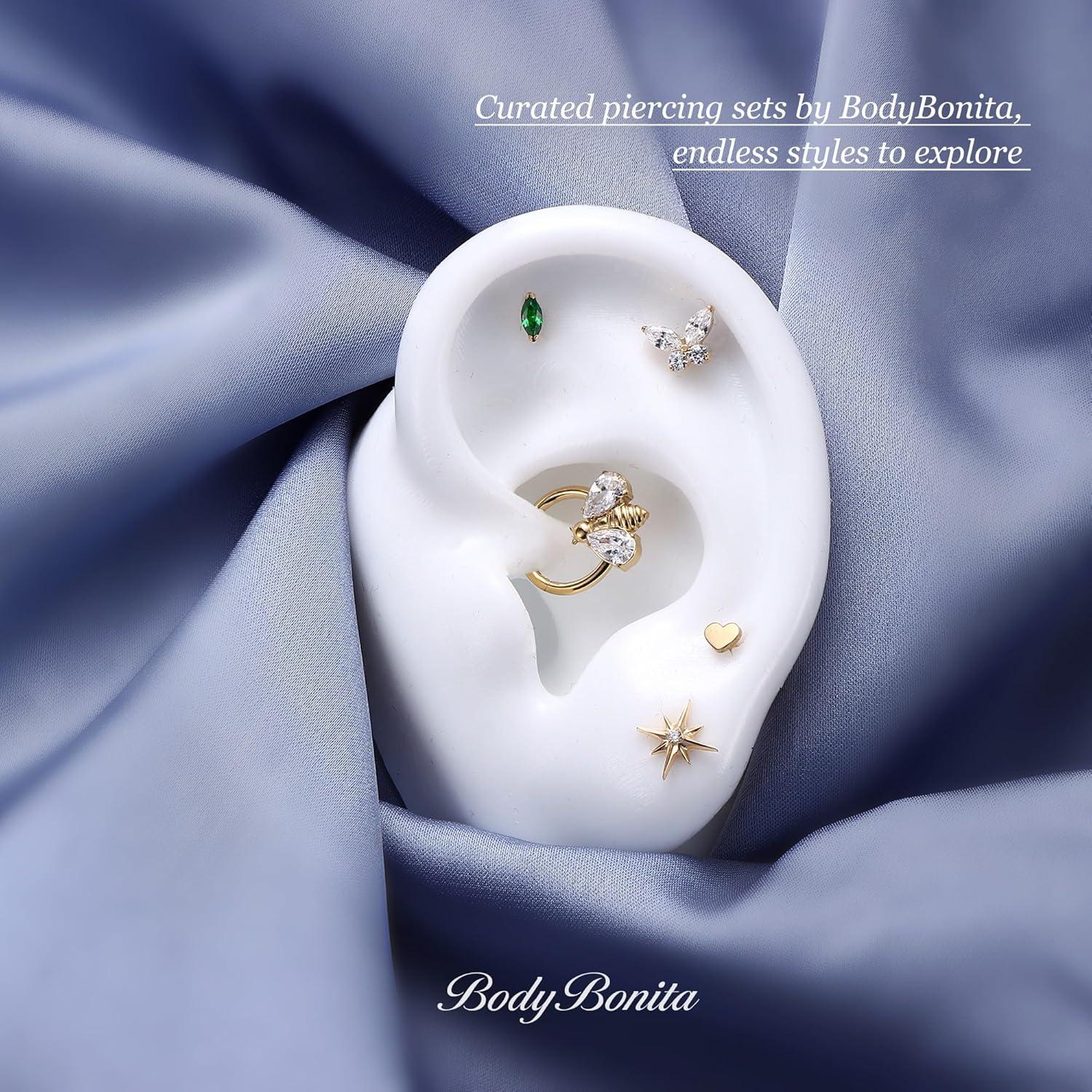 imageBodyBonita 16G Stud Earrings Flat Back G23 Titanium Internal Thread Cartilage Earrings for Women Hypoallergenic CZ Stud Piercing Jewelry TragusNoseHelixConchMedusaLipLabret 6mm 8mmButterfly CZ14K Gold