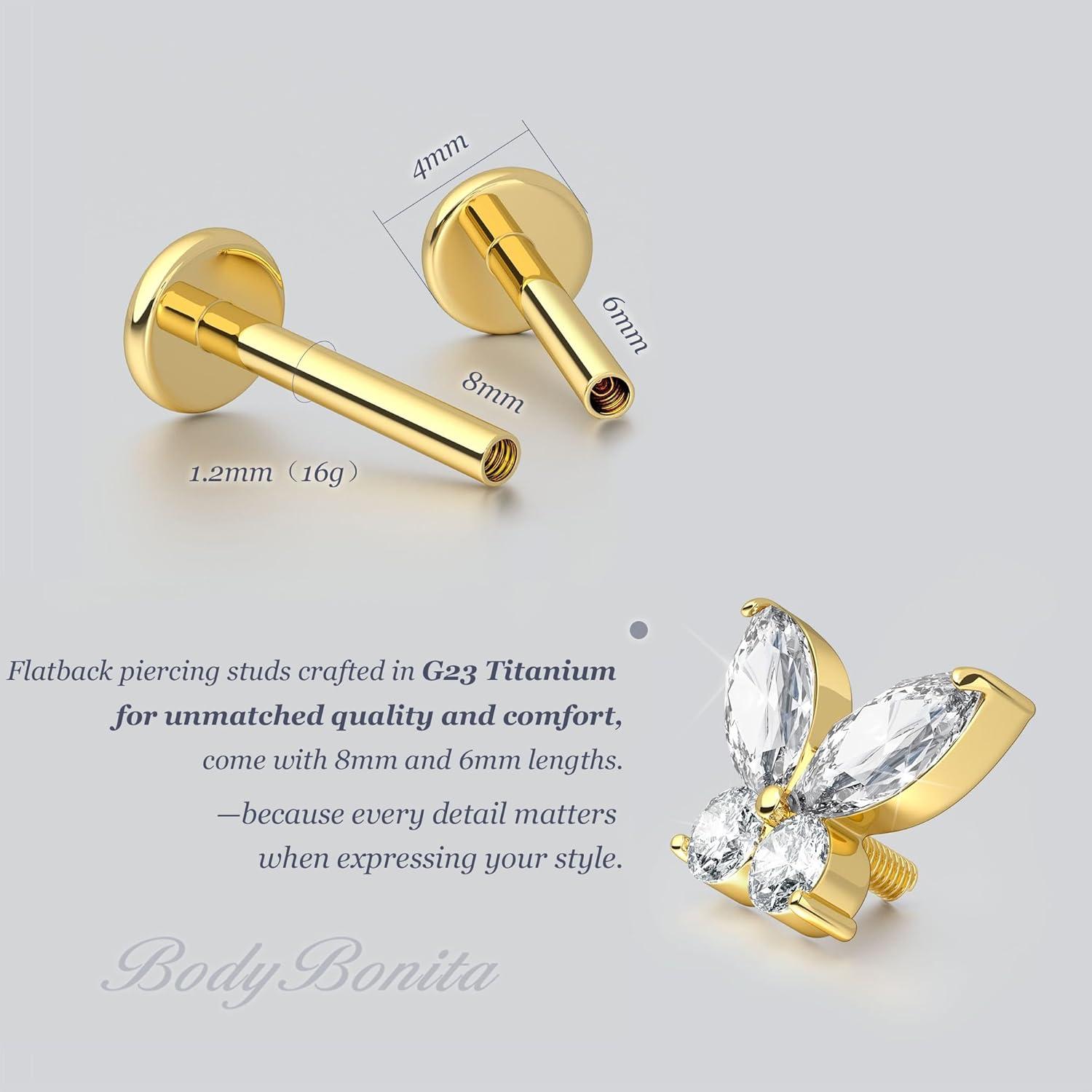 imageBodyBonita 16G Stud Earrings Flat Back G23 Titanium Internal Thread Cartilage Earrings for Women Hypoallergenic CZ Stud Piercing Jewelry TragusNoseHelixConchMedusaLipLabret 6mm 8mmButterfly CZ14K Gold
