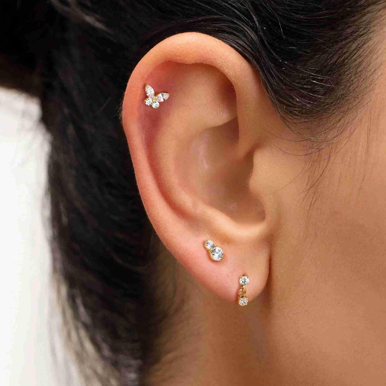 imageBodyBonita 16G Stud Earrings Flat Back G23 Titanium Internal Thread Cartilage Earrings for Women Hypoallergenic CZ Stud Piercing Jewelry TragusNoseHelixConchMedusaLipLabret 6mm 8mmDeux14K Gold